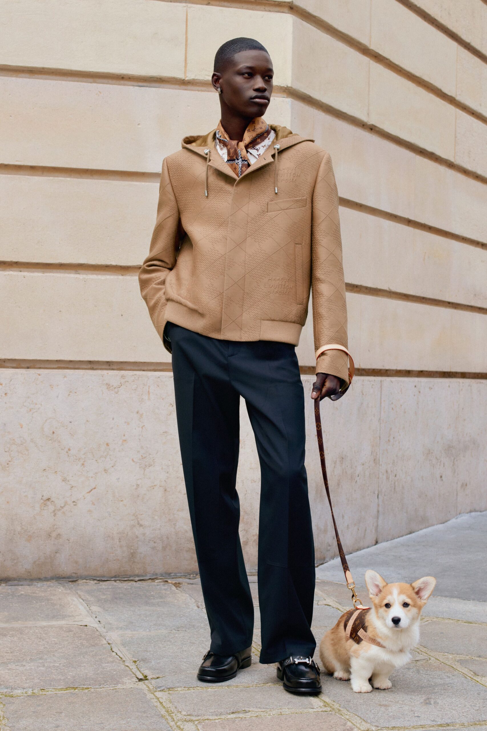 brown hoodie with black tailored pants