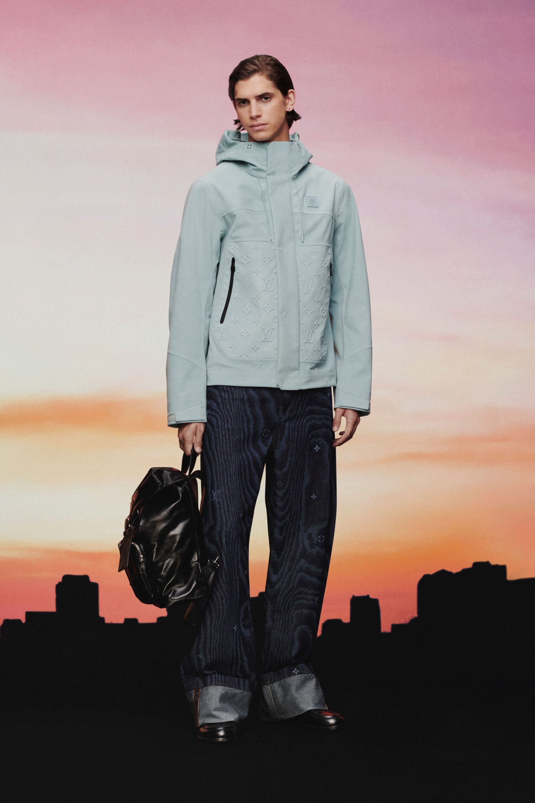 light blue relaxed jacket with black bag
