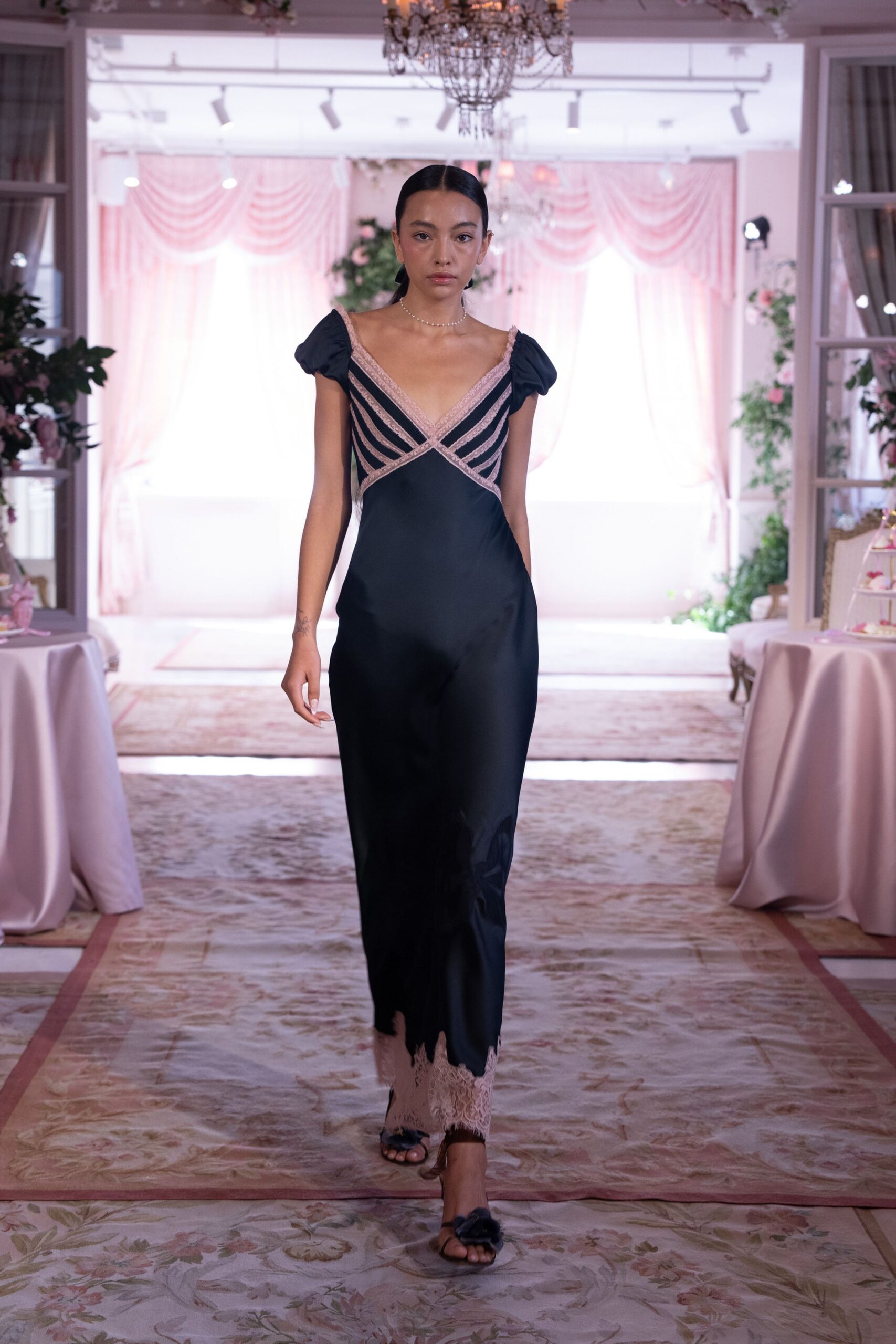 black silk gown with embroidery