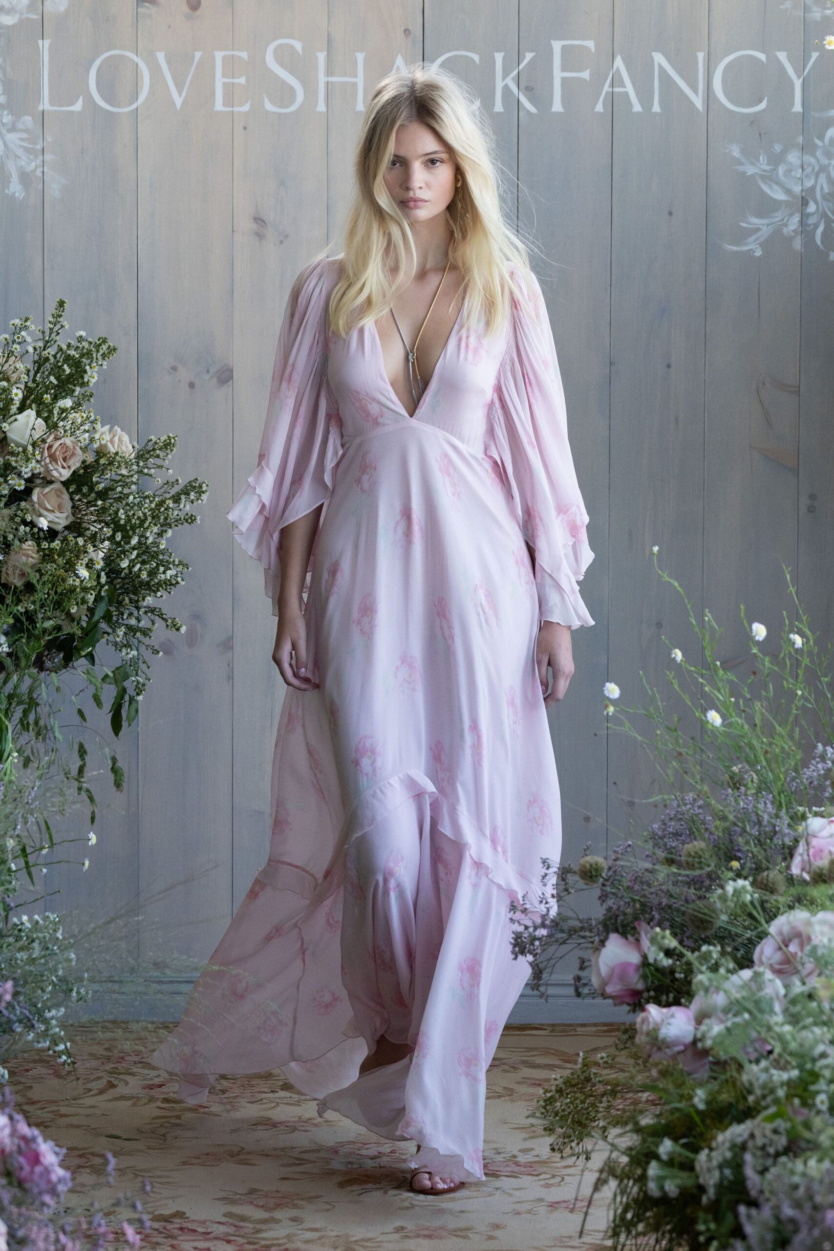 pink floral long-sleeve gown