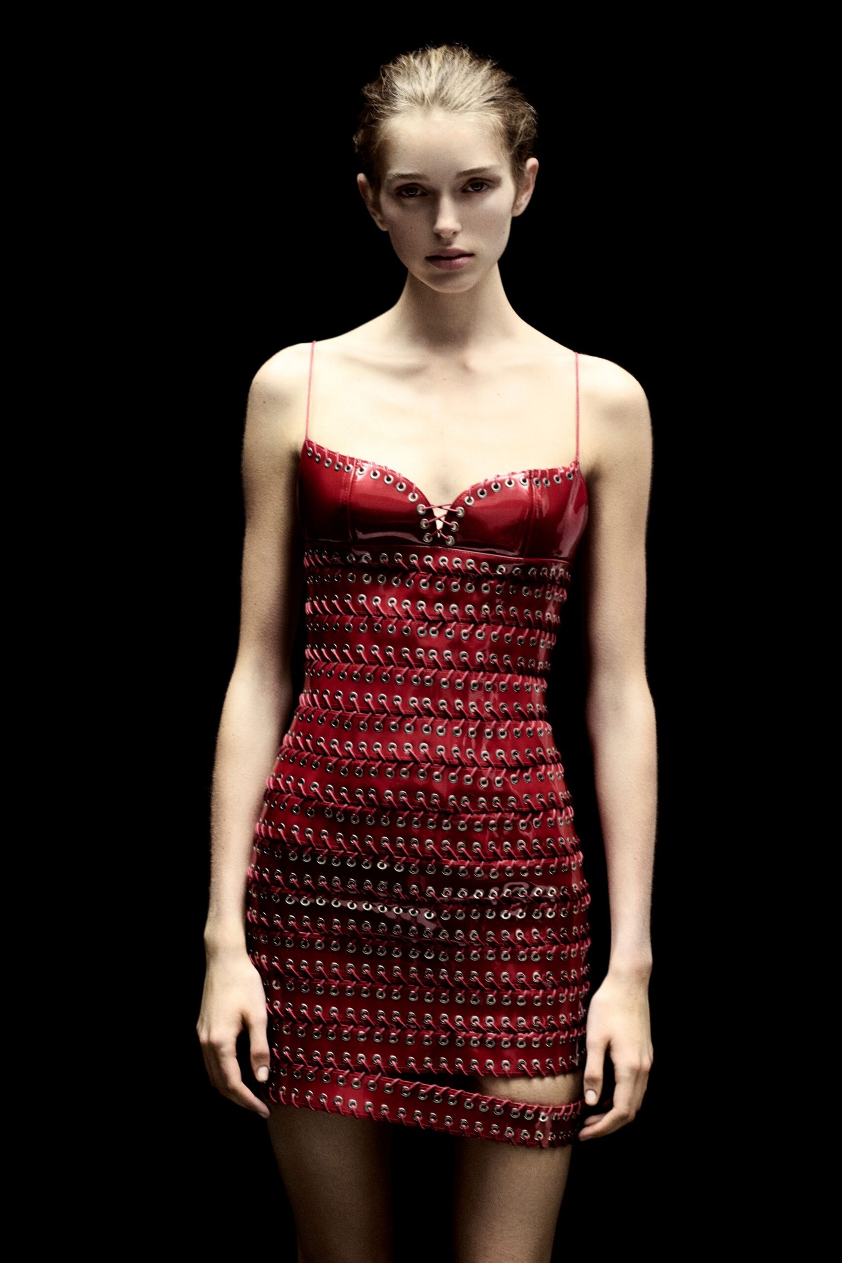 fitted red leather mini-dress