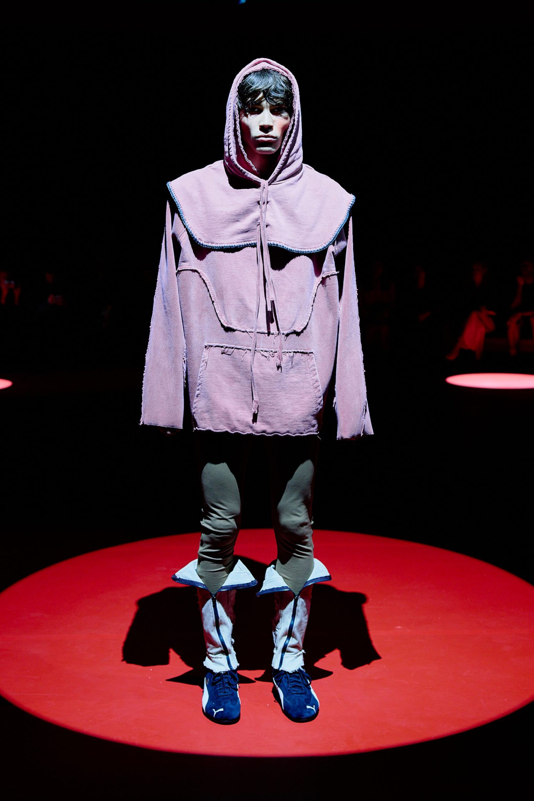 oversized pink hoodie with fitted gray pants