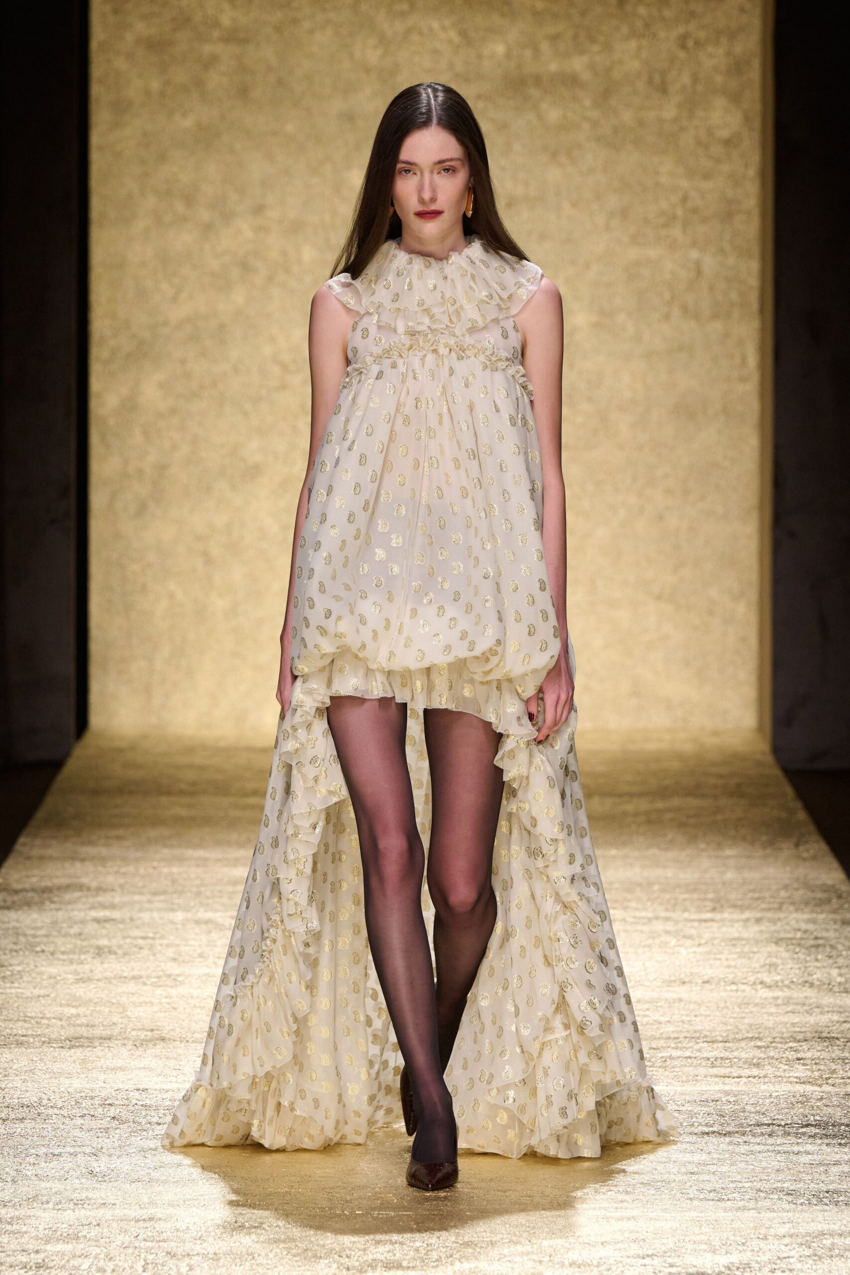 yellow silk ruffled dress