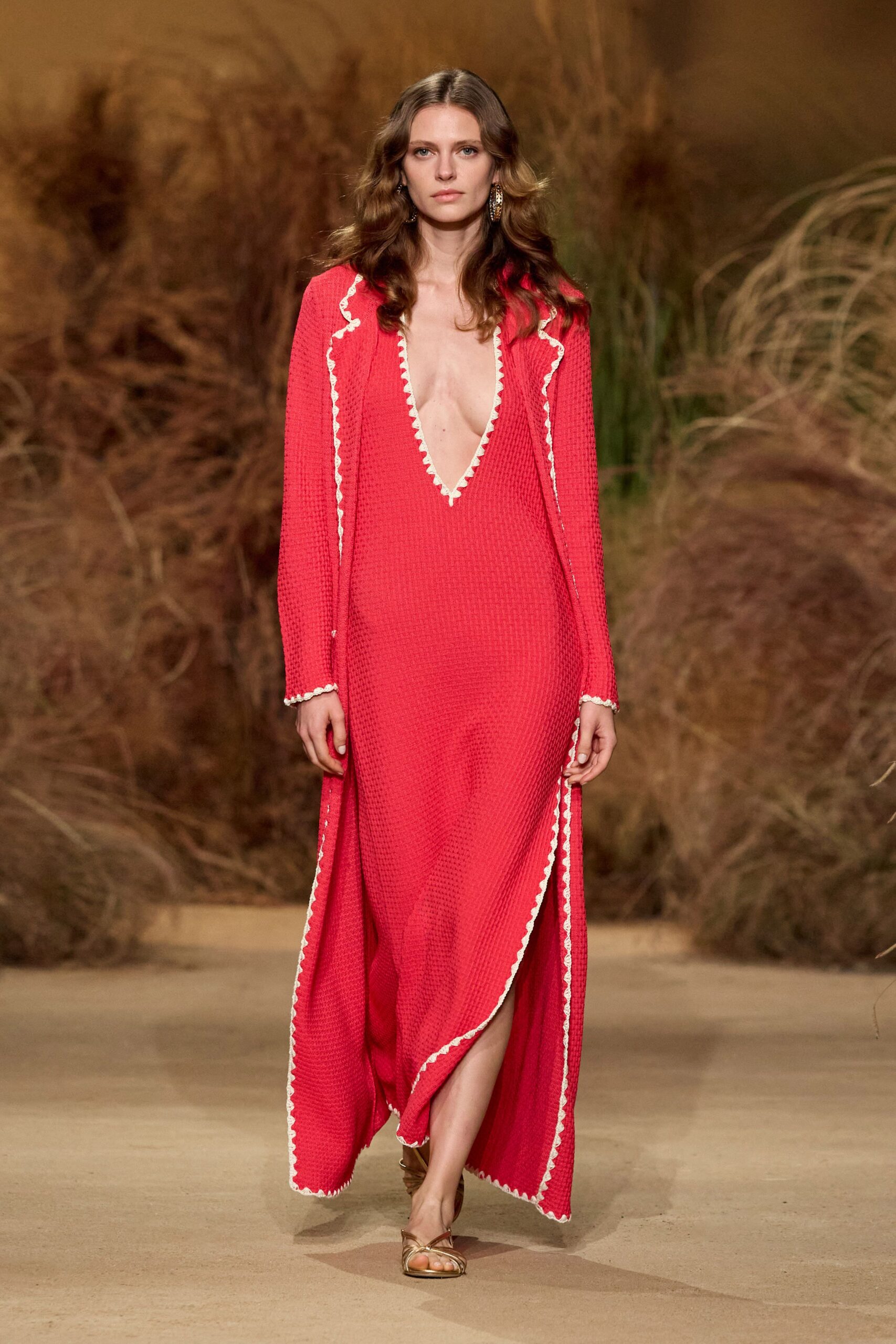 red cotton long-sleeve collared relaxed buttoned maxi coat