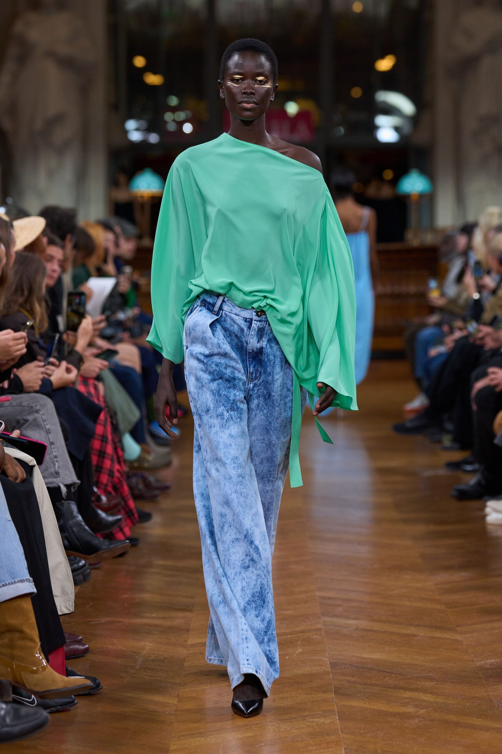 green silk long-sleeve off-shoulder relaxed draped top