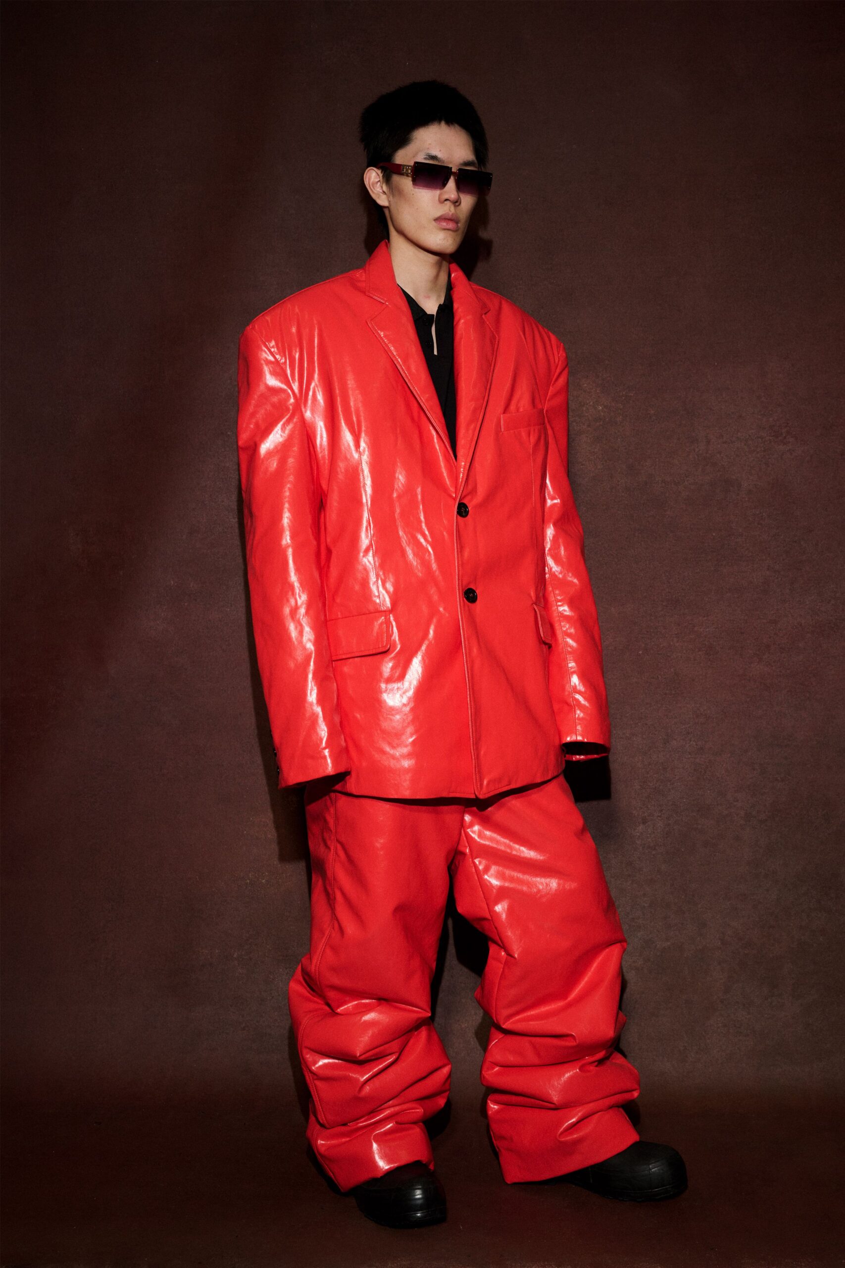red vinyl long-sleeve collared oversized shiny blazer