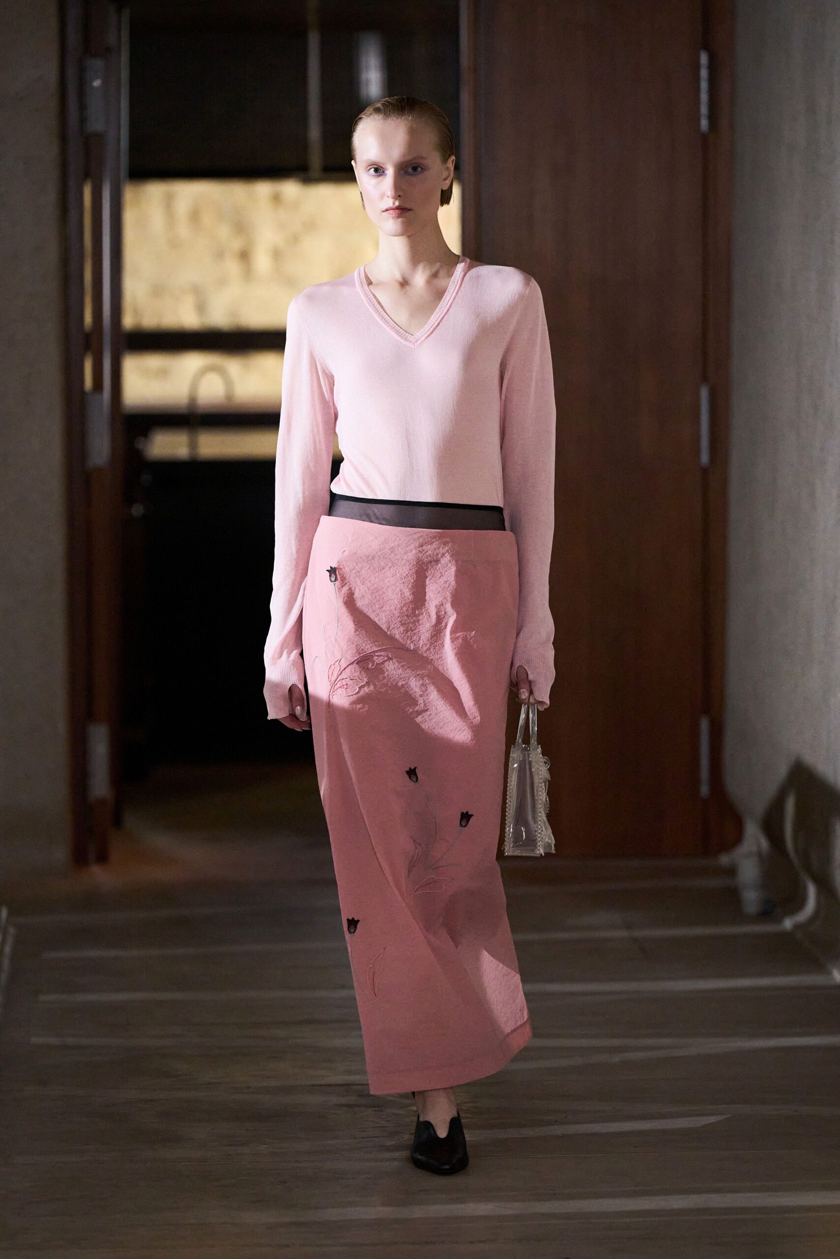 pink fitted top and skirt