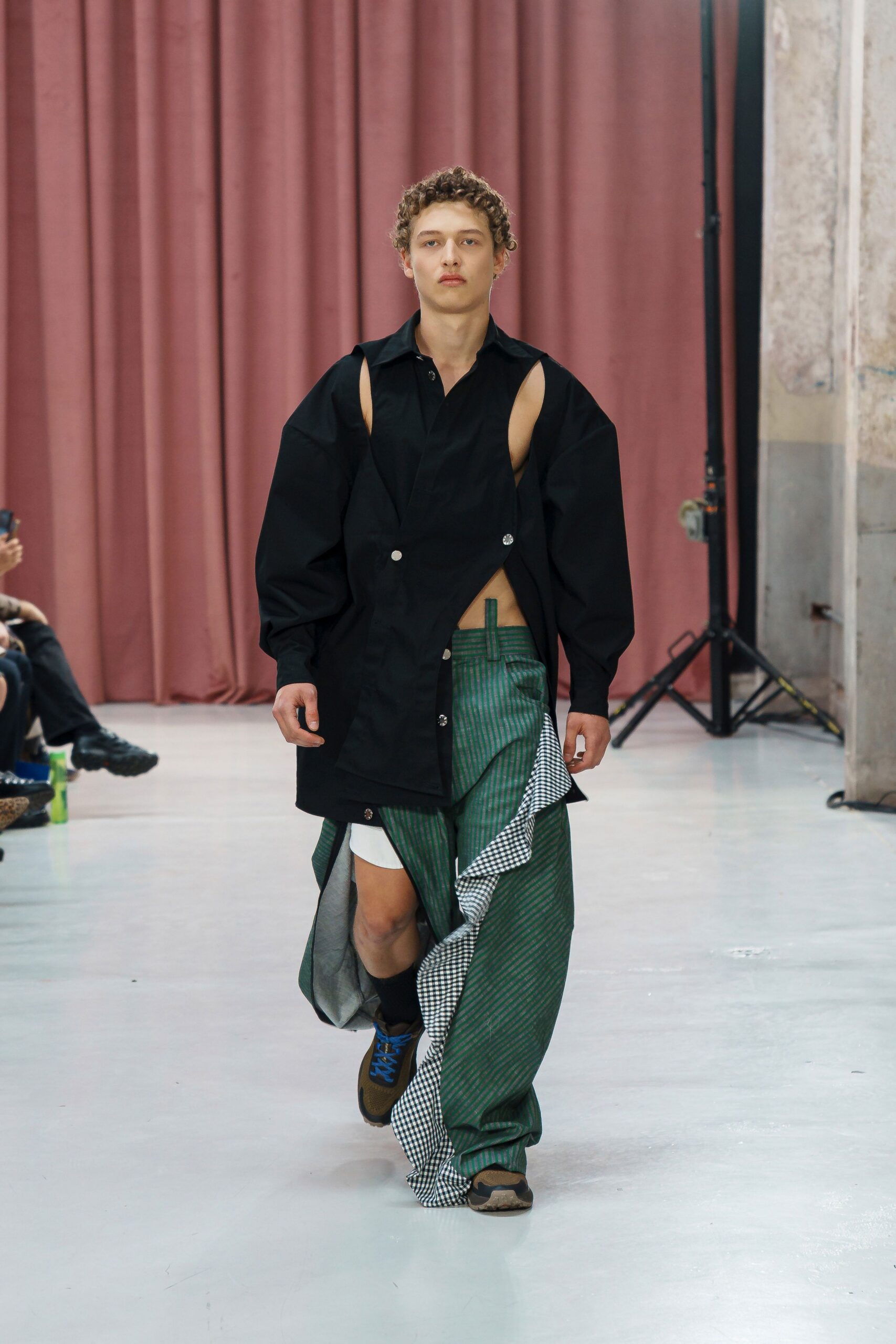 green asymmetric relaxed pleated pants