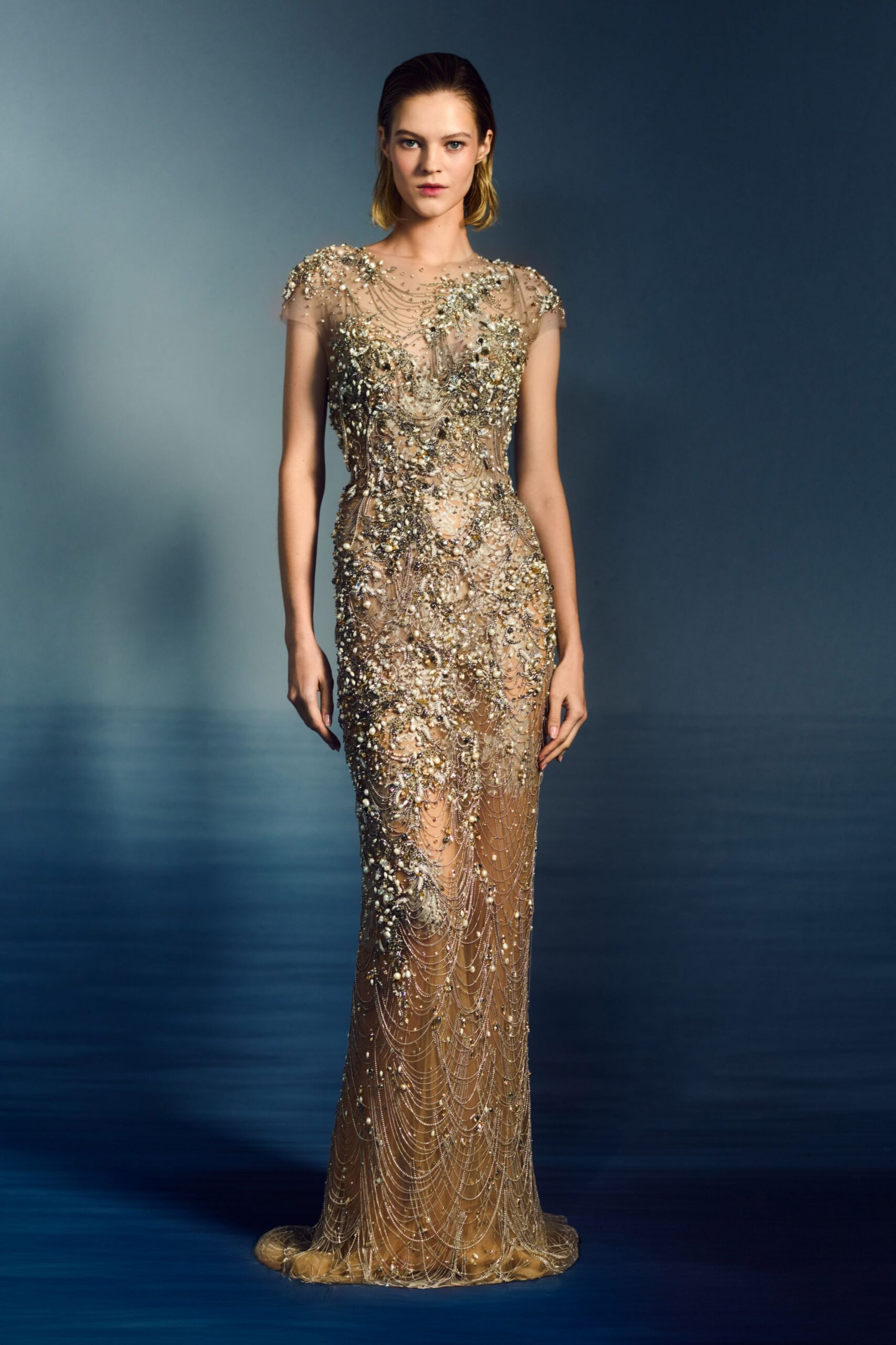 gold embellished short-sleeve gown