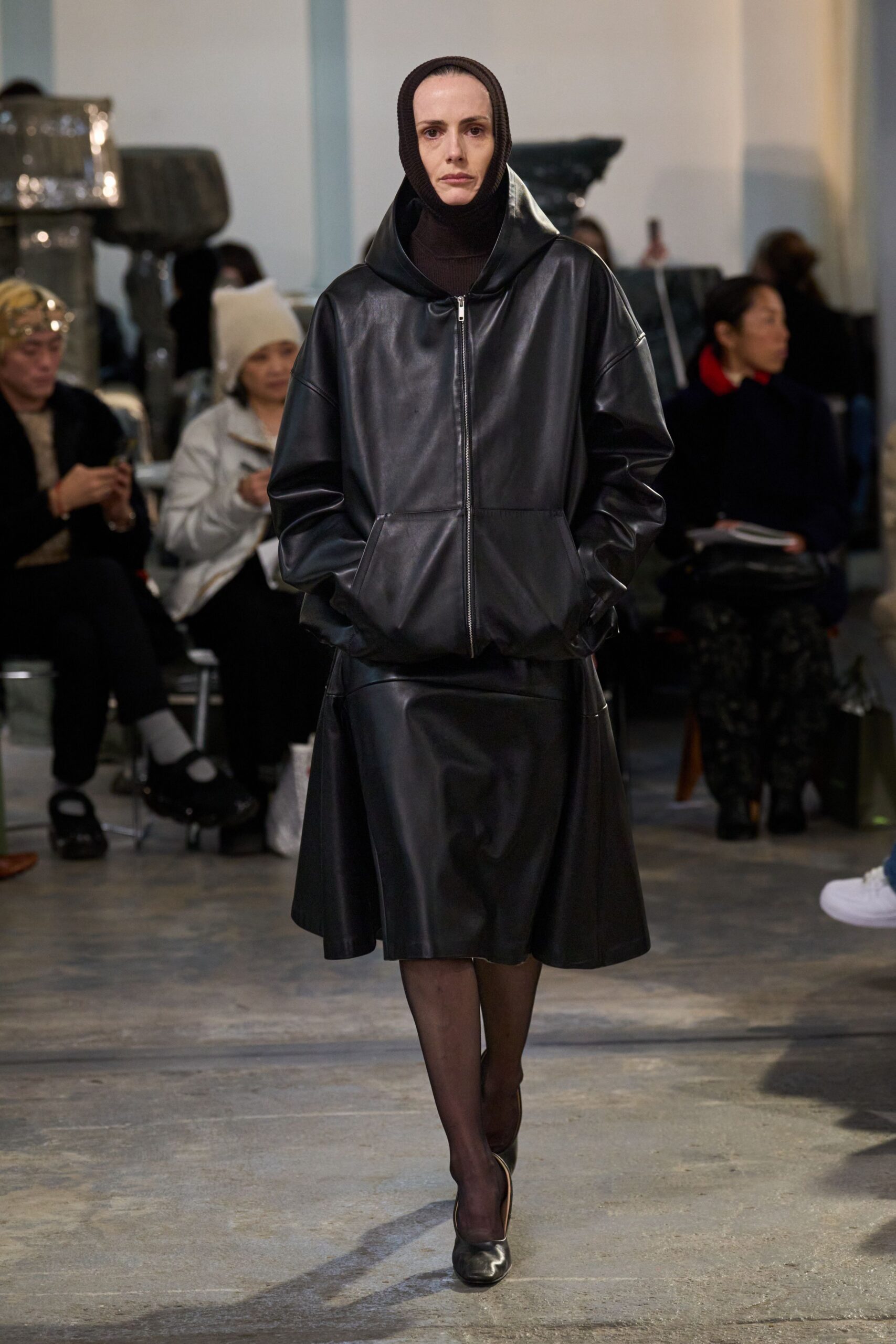 black leather oversized jacket and skirt