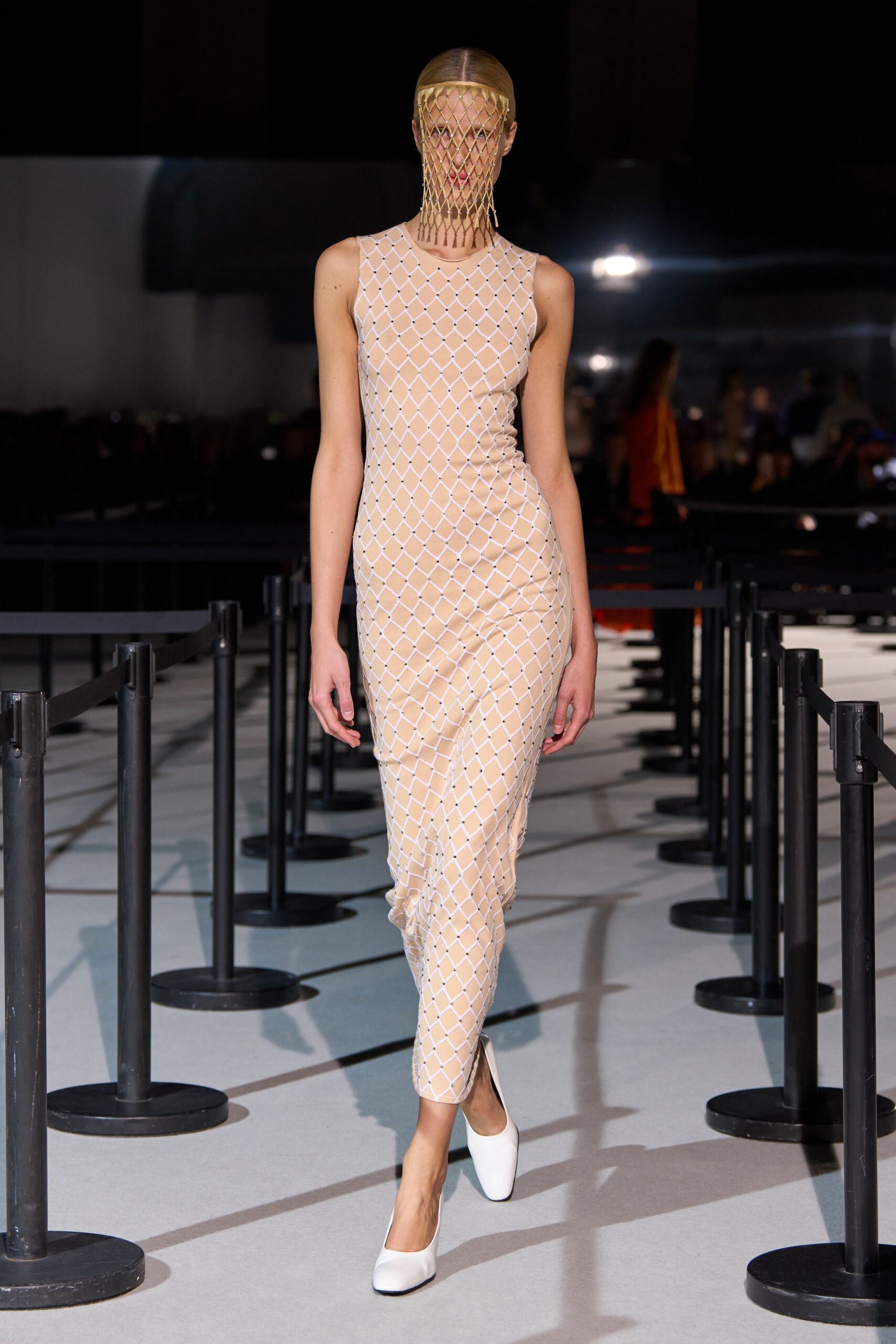 beige mesh sleeveless high-neck fitted textured sheer dress