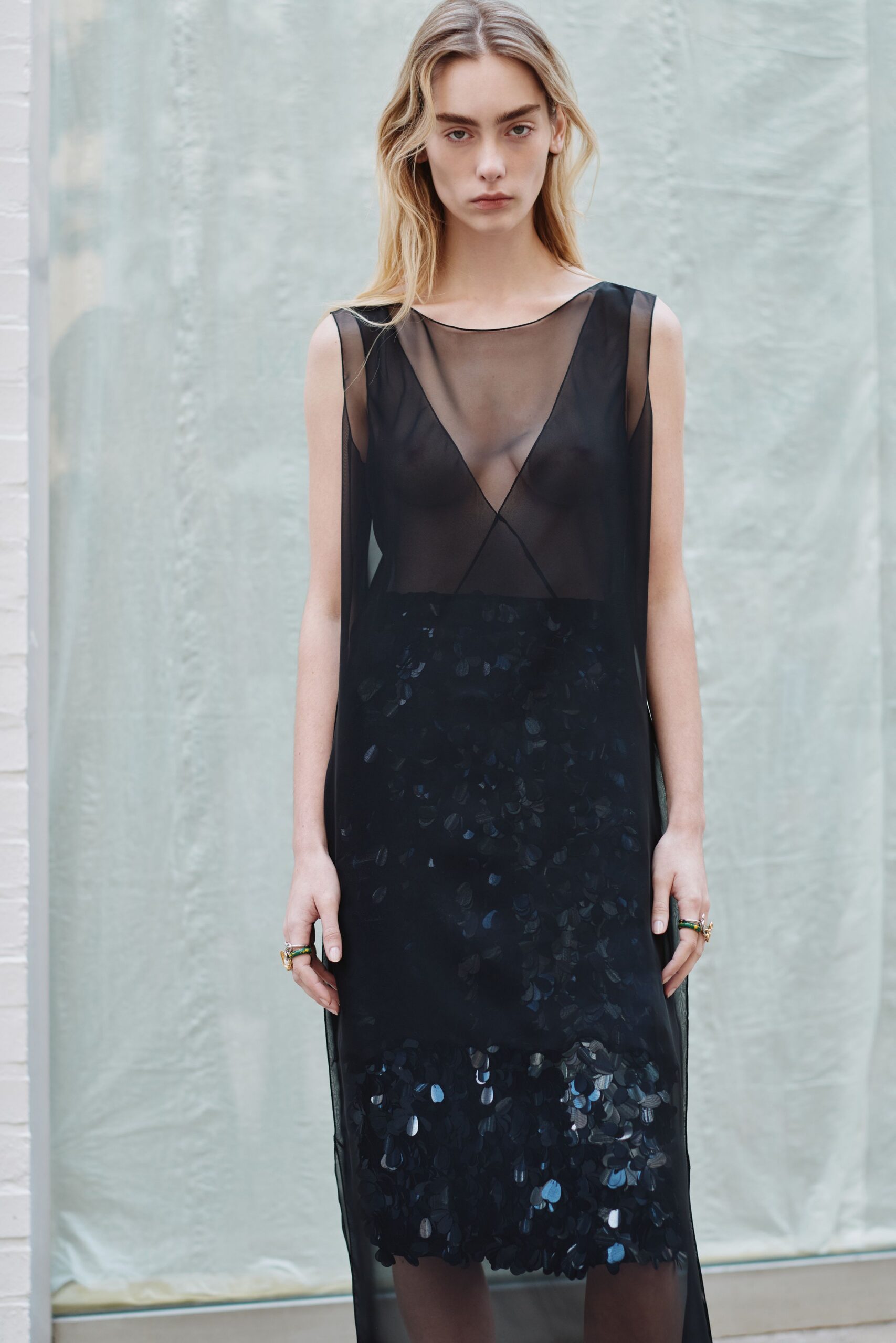 black sheer layered midi dress