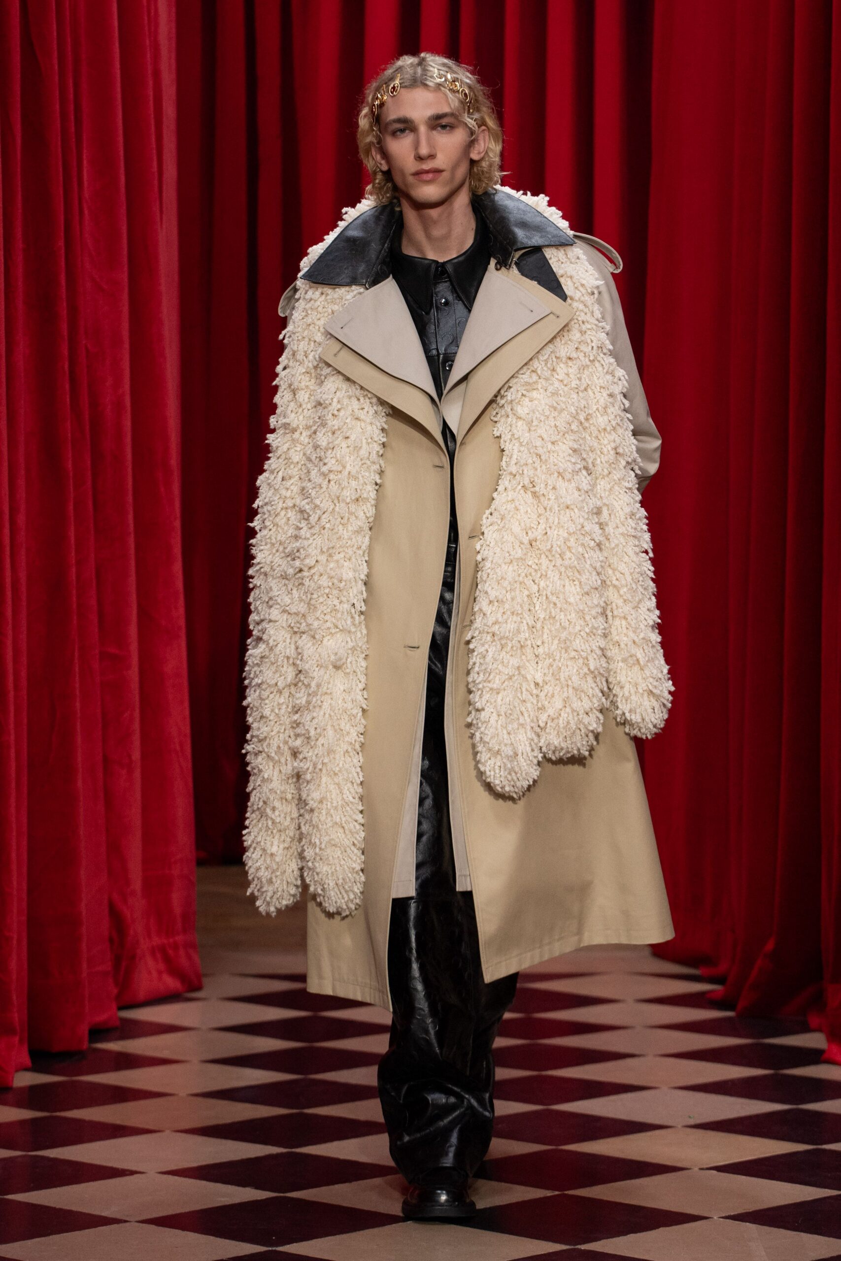 beige wool long-sleeve collared relaxed layered fringed coat