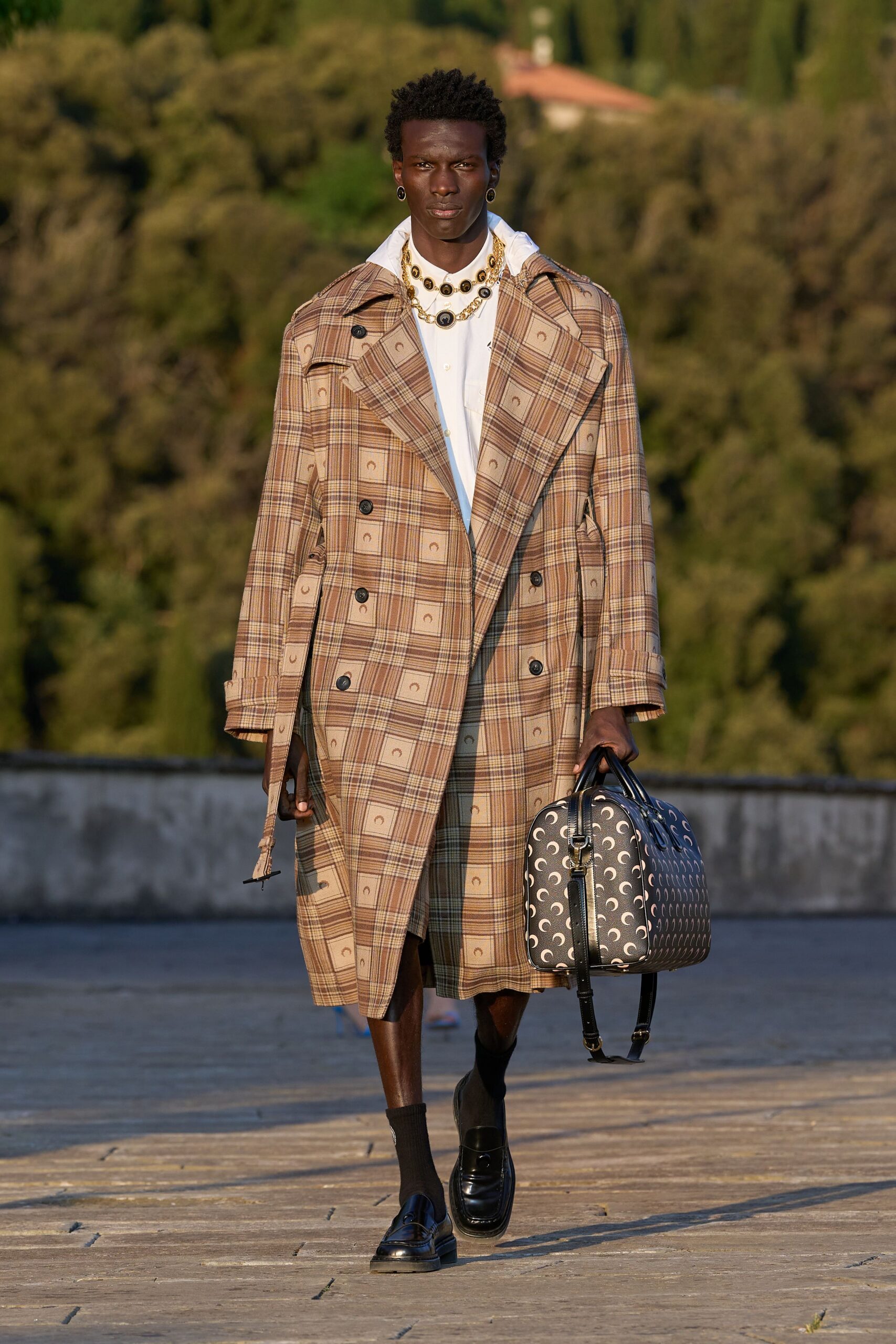 brown cotton long-sleeve collared relaxed checked coat