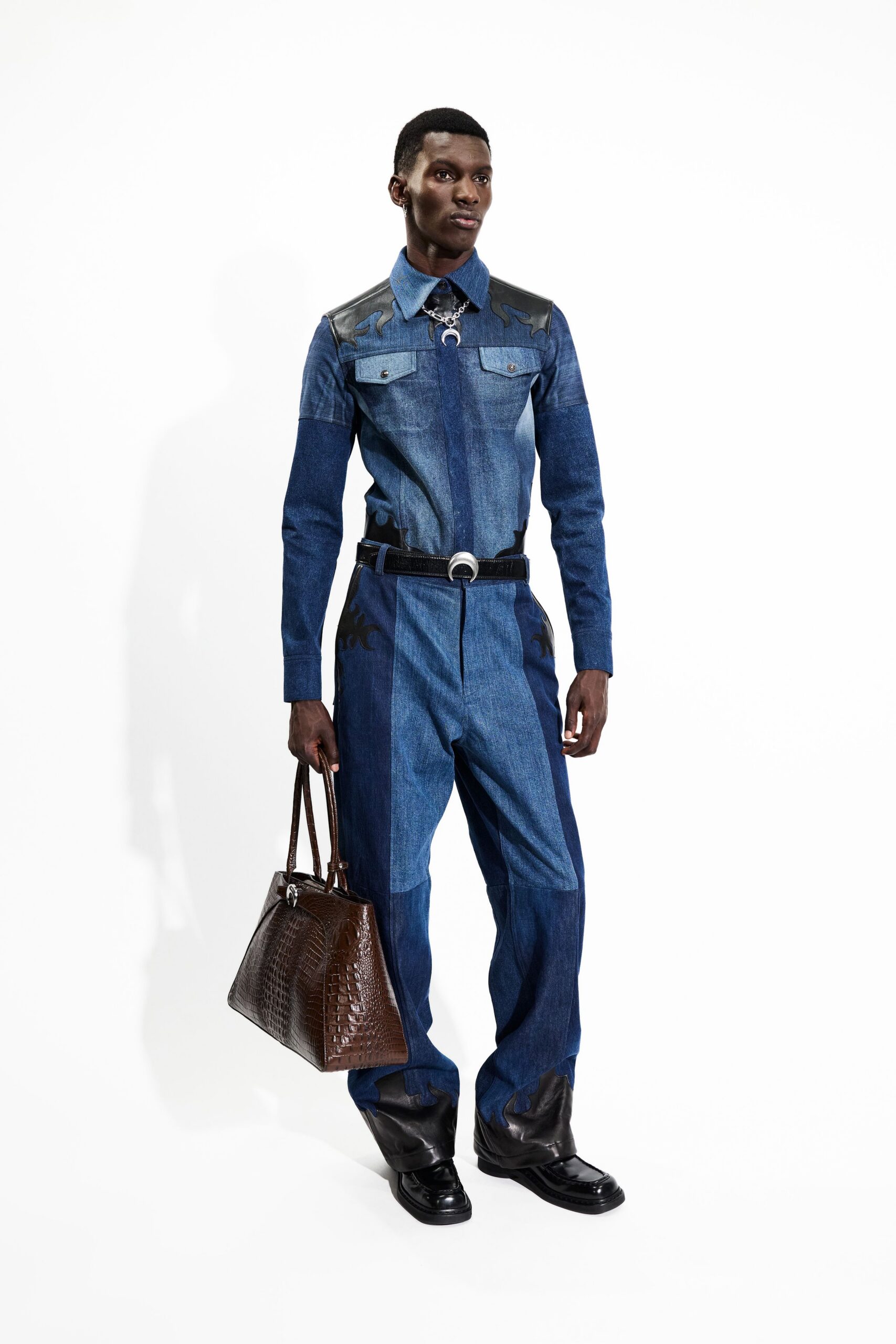 blue denim long-sleeve collared fitted buttoned pockets jumpsuit