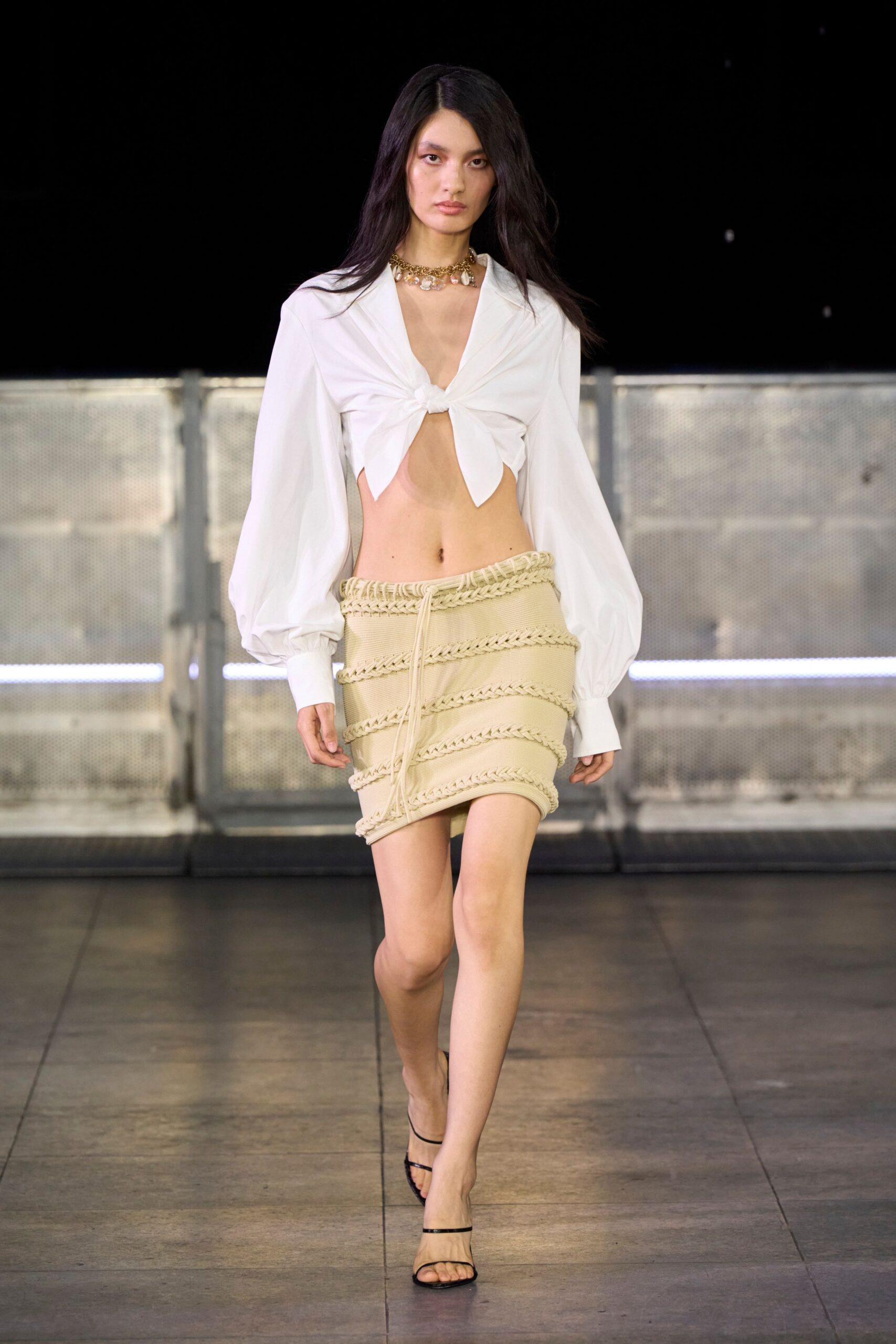 white fitted shirt beige mini skirt