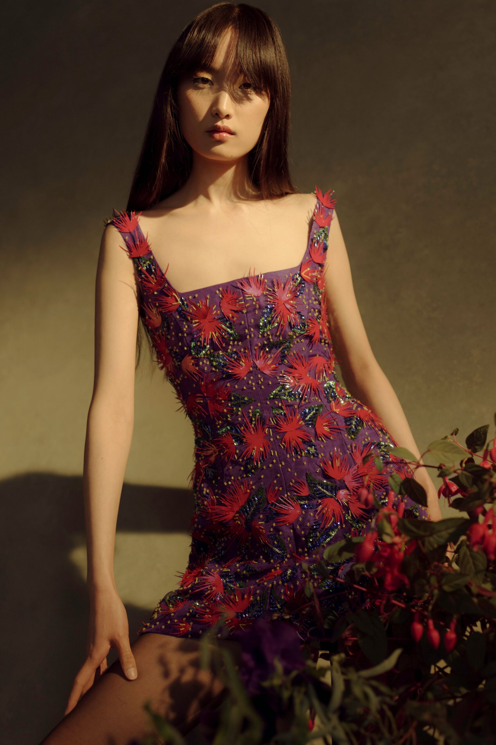 purple red embroidered mini dress