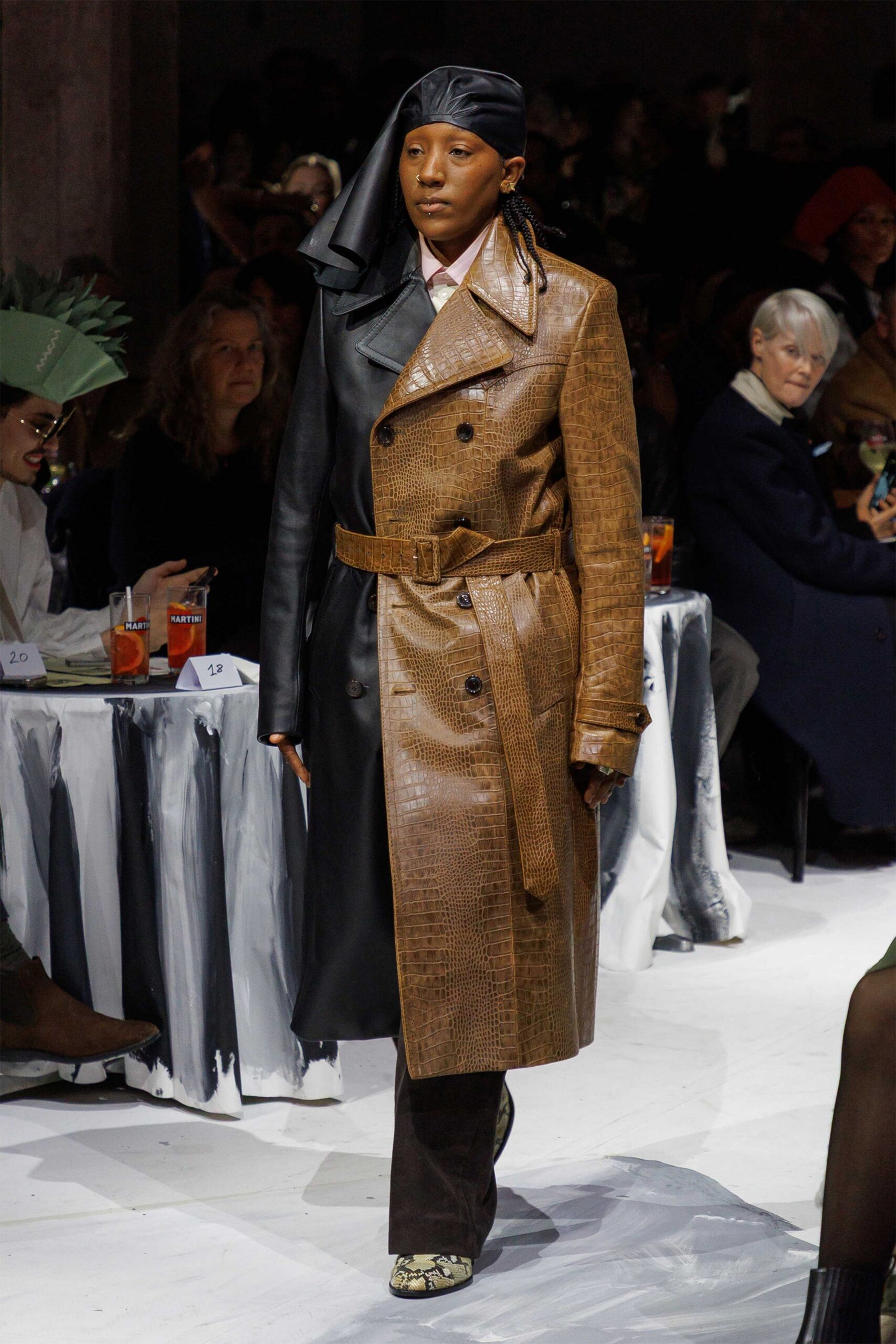 black leather long-sleeve collared fitted belted textured trench