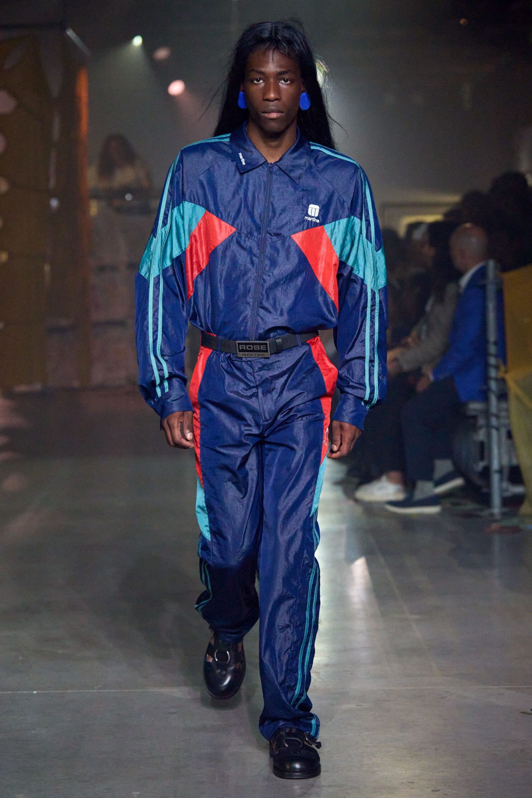 blue satin long-sleeve collared relaxed color-blocked jacket