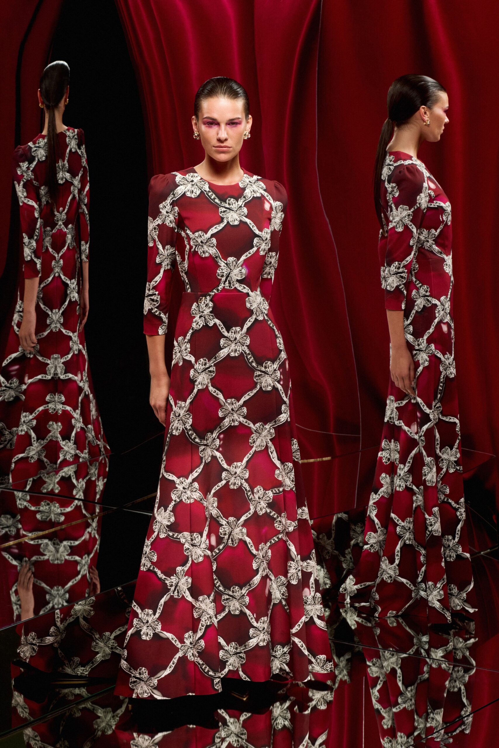 red silk embroidered gown