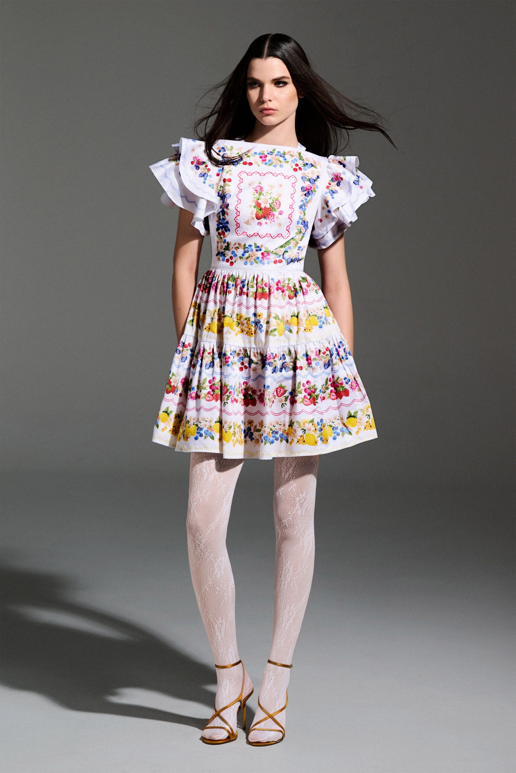 white cotton short-sleeve collared fitted pleated embroidered dress