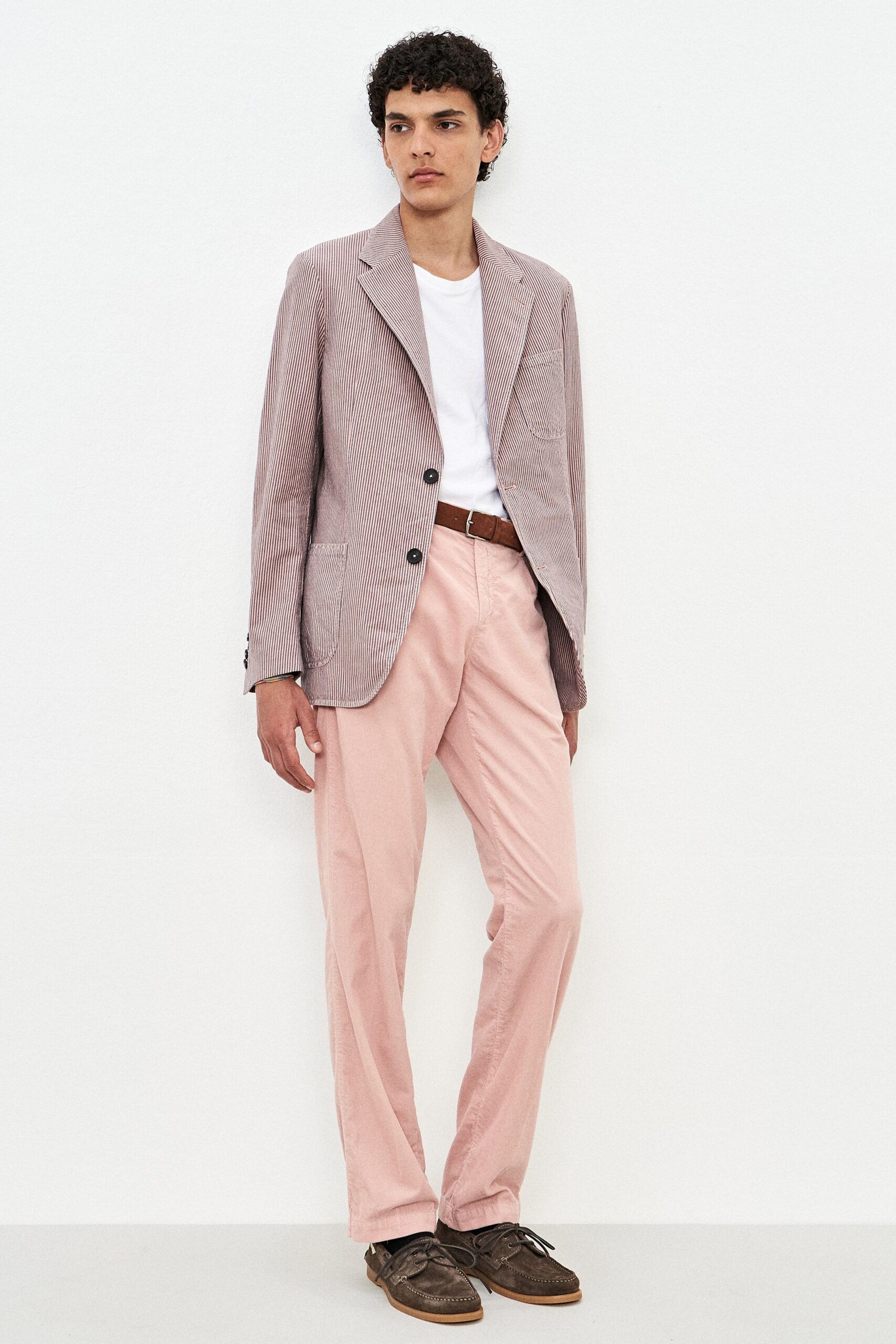 pink striped blazer with t-shirt