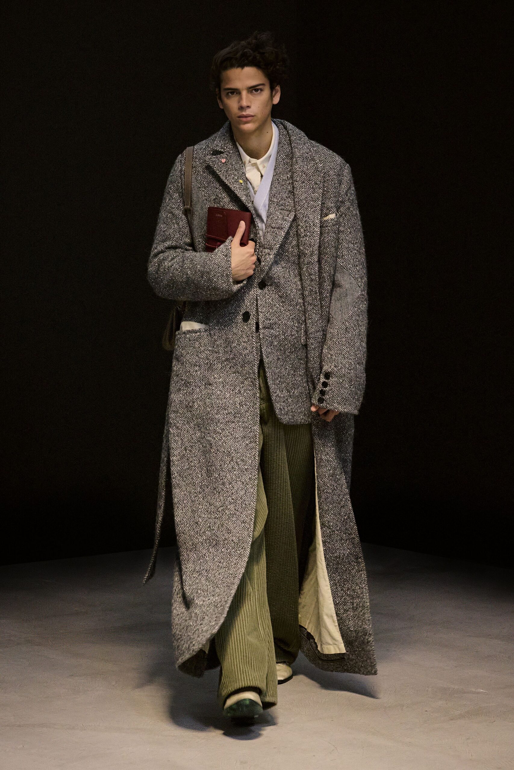 gray wool long-sleeve collared relaxed buttoned maxi coat
