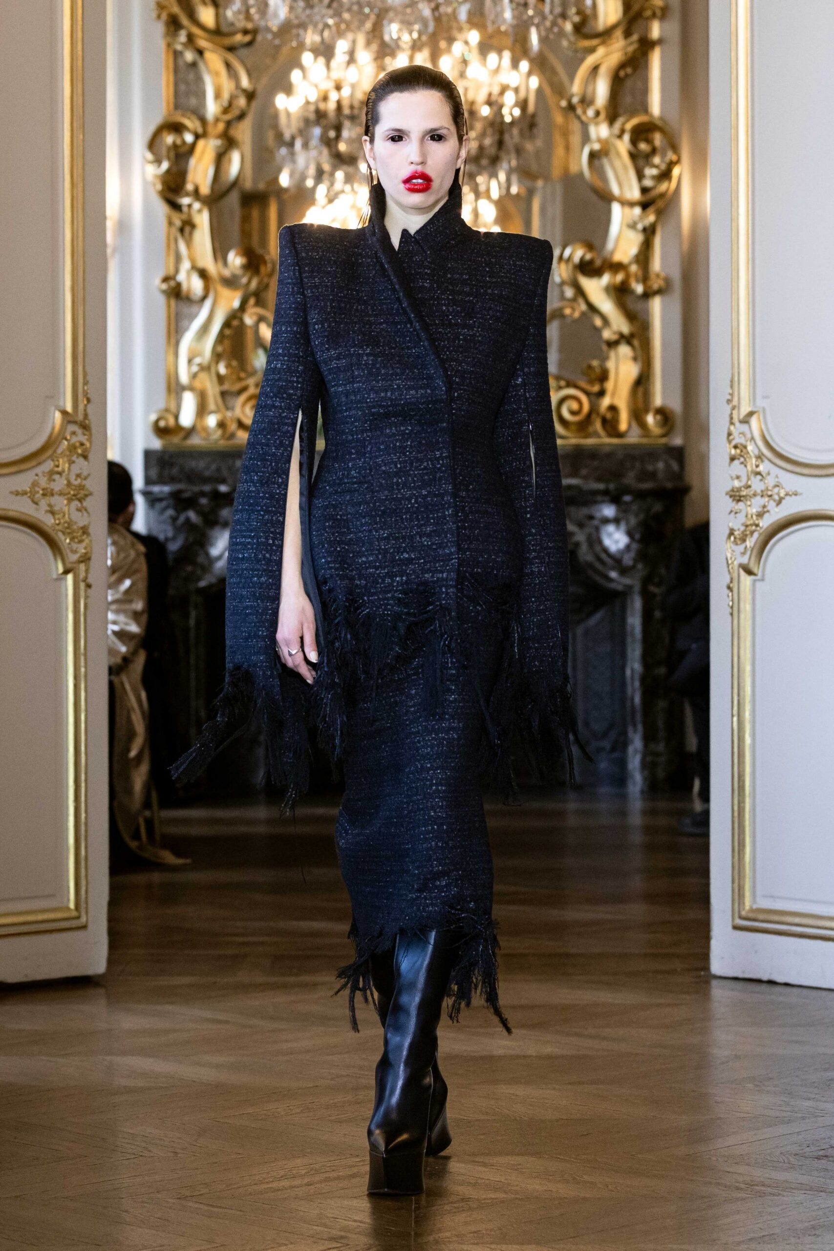 black tweed long-sleeve v-neck fitted fringed midi dress