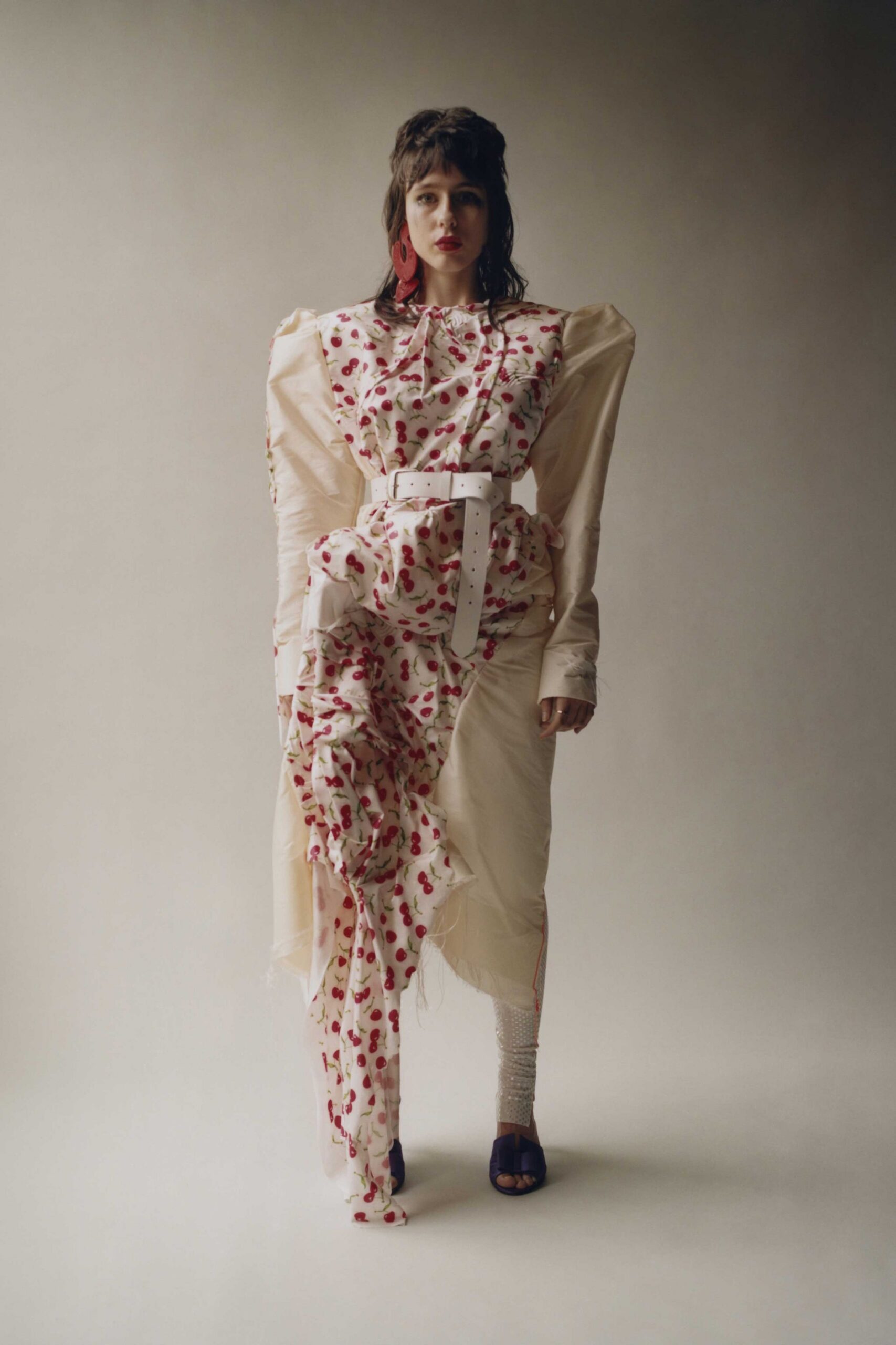 white cotton long-sleeve collared fitted floral ruffled dress