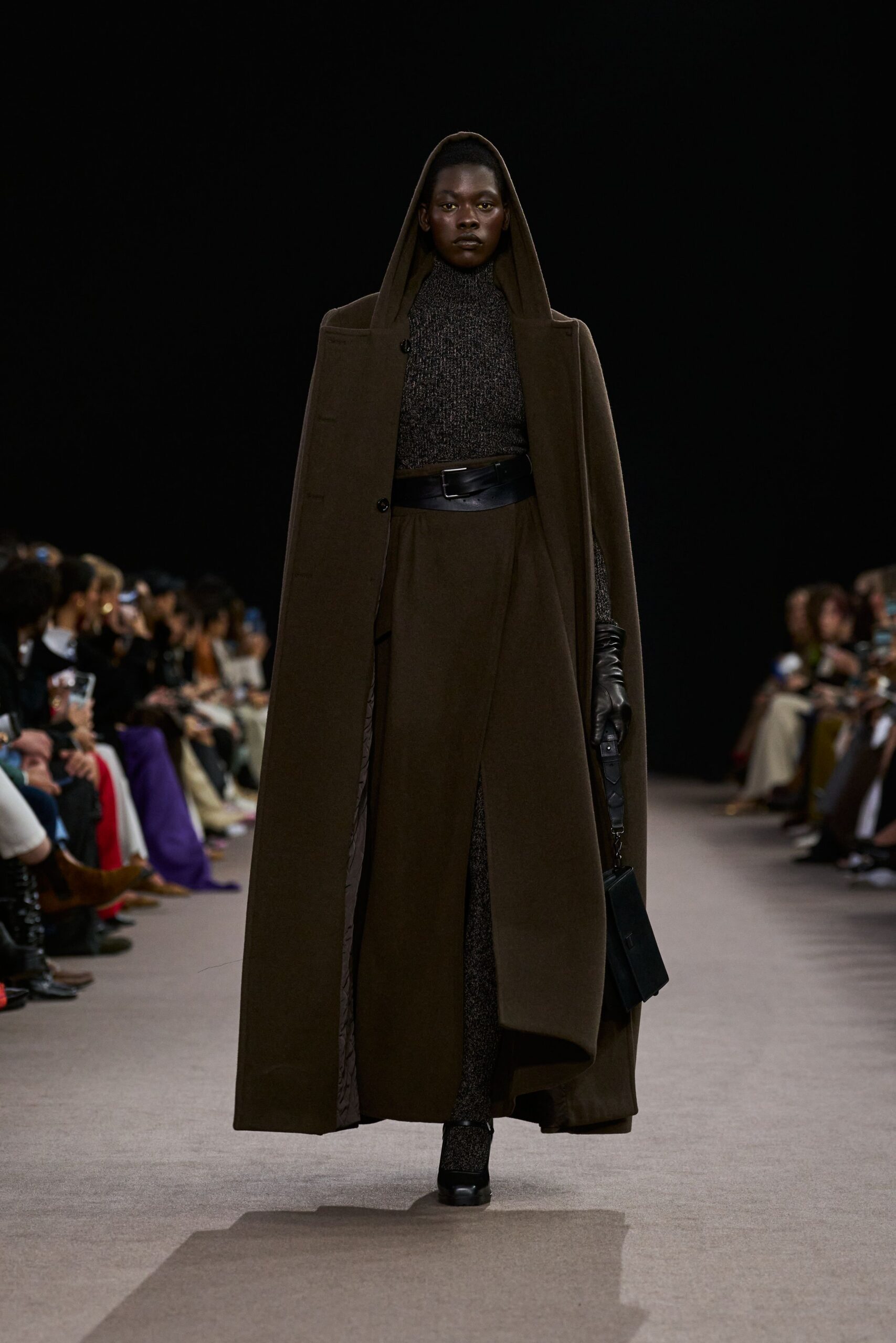 brown wool long-sleeve relaxed draped maxi cape