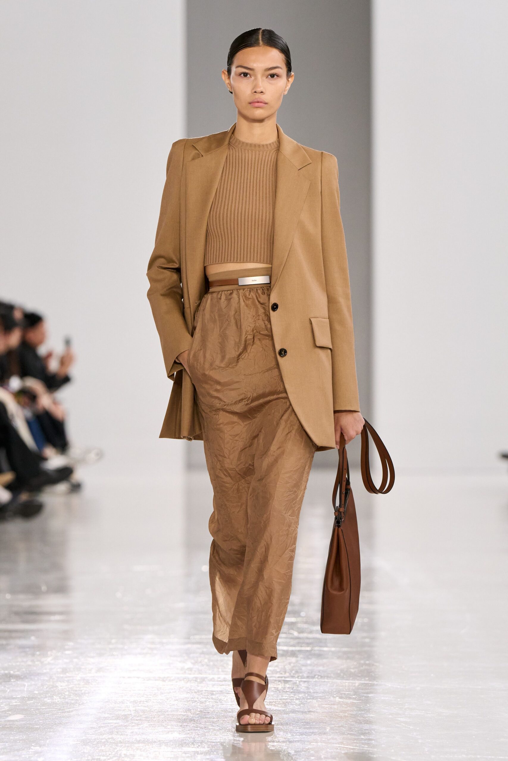 beige knit long-sleeve high-neck fitted top
