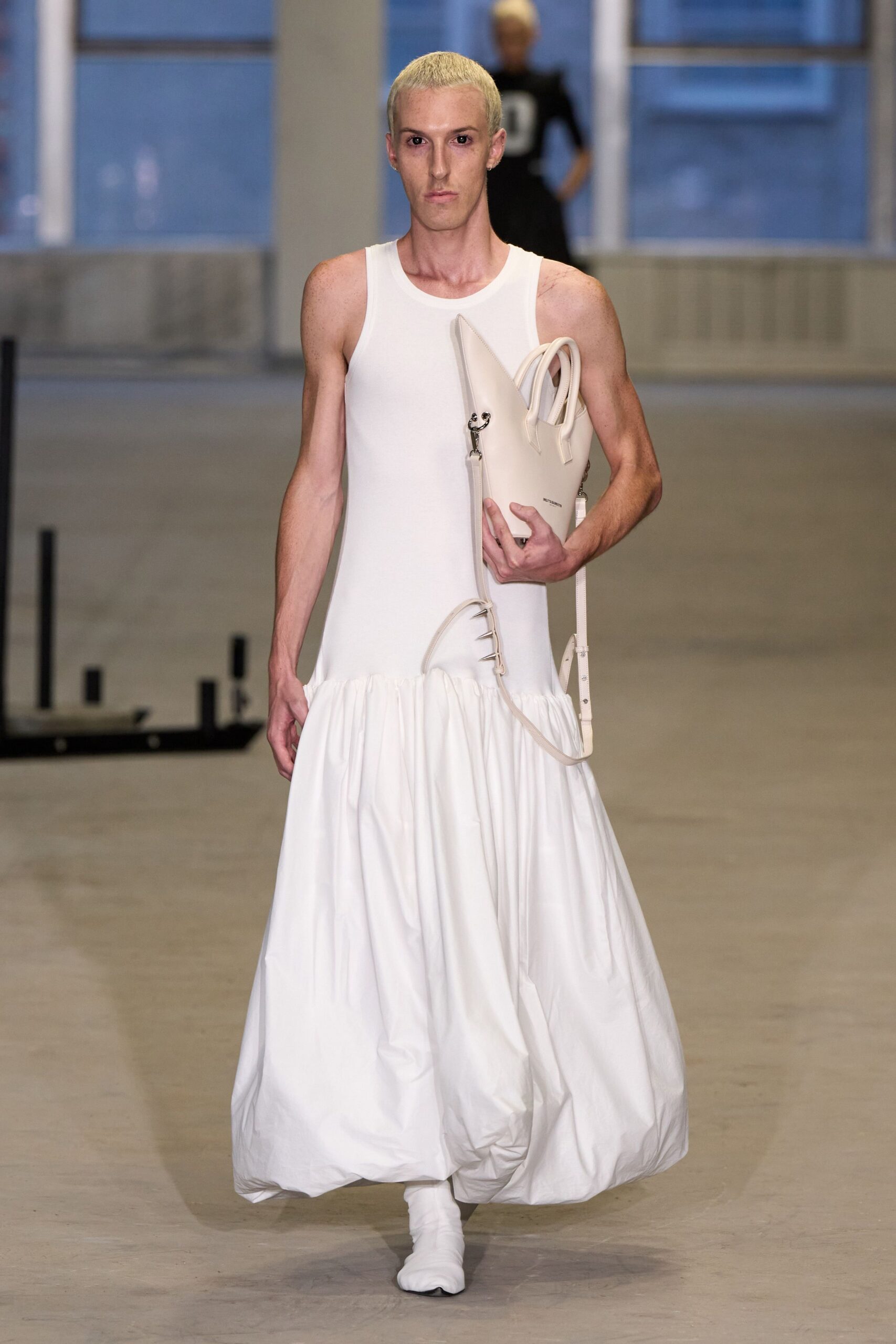 white cotton sleeveless high-neck fitted tiered maxi dress