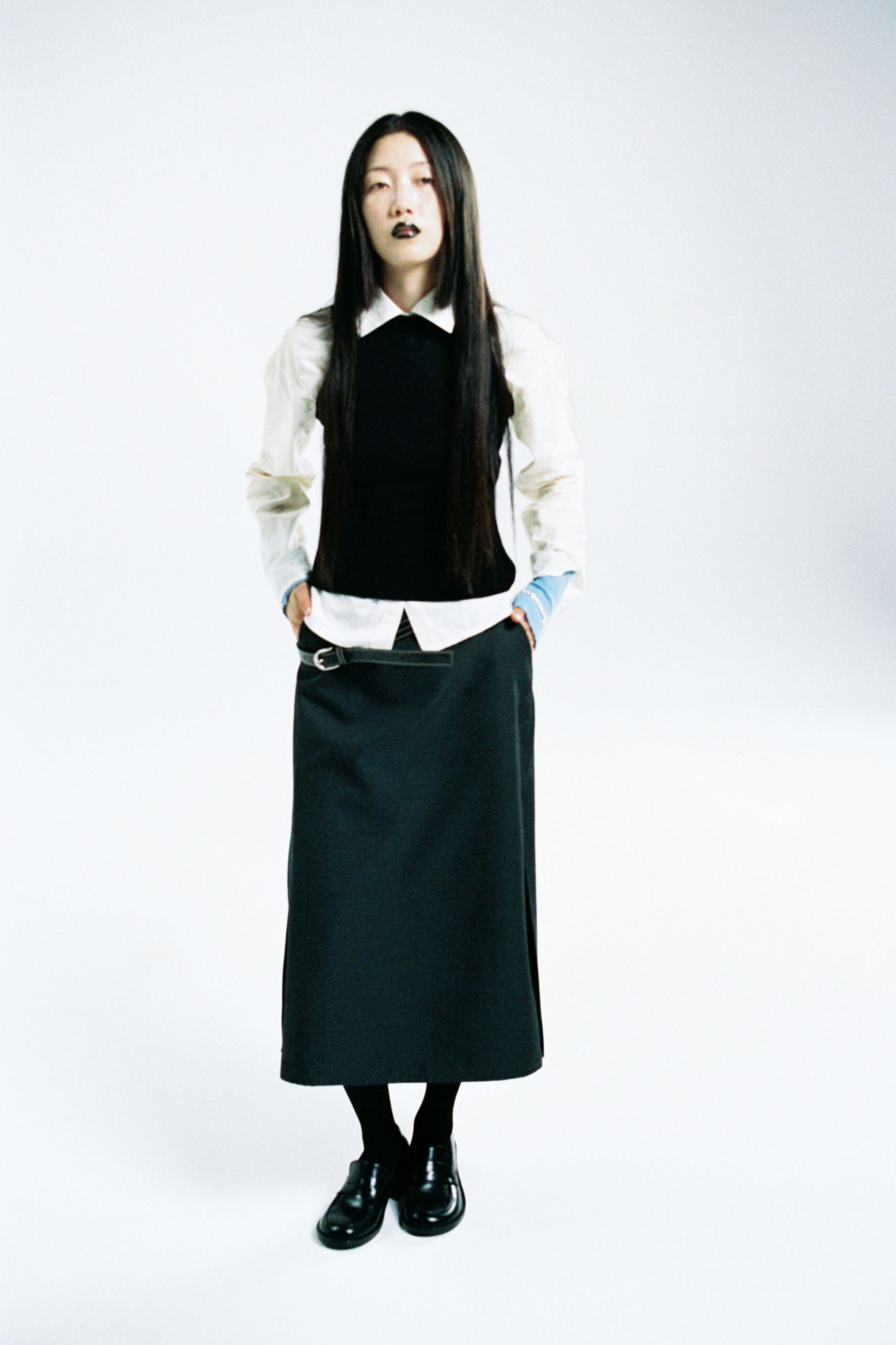 black top white shirt gray midi skirt