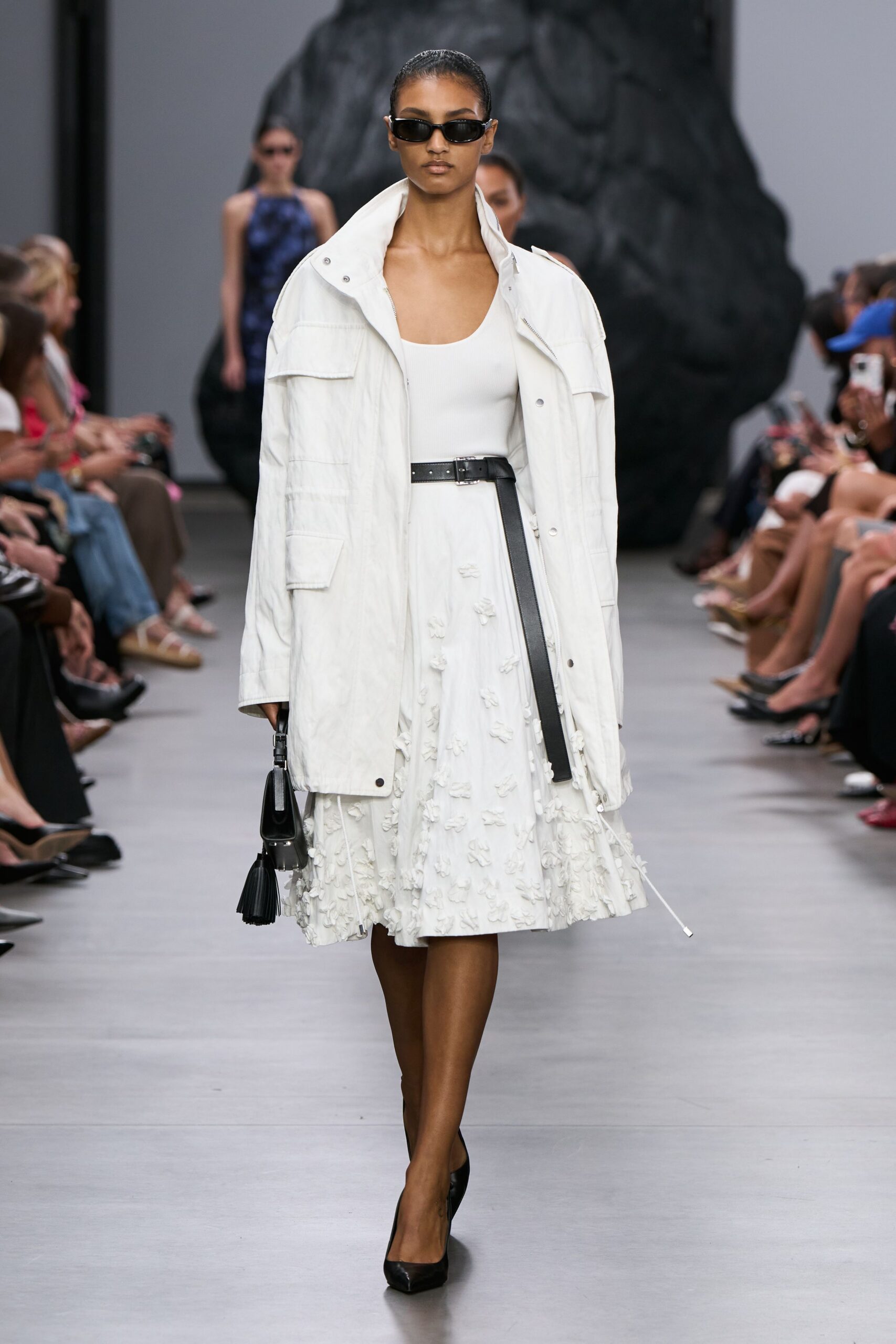 white coat and midi dress