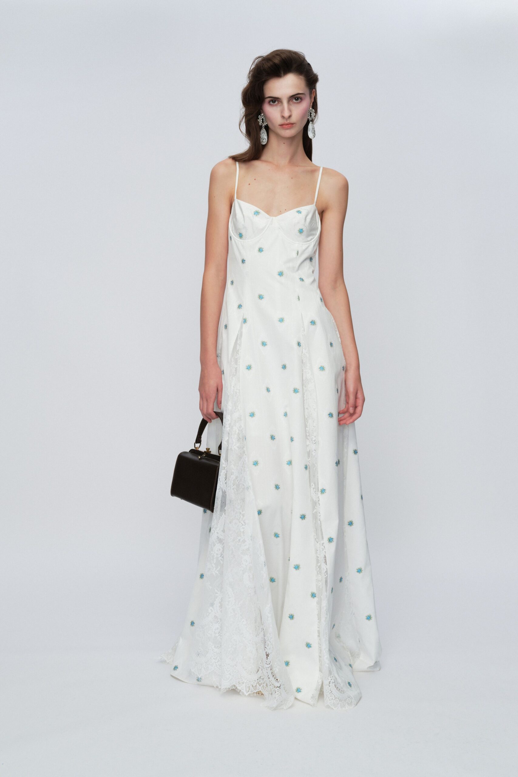 white embroidered maxi gown with bag