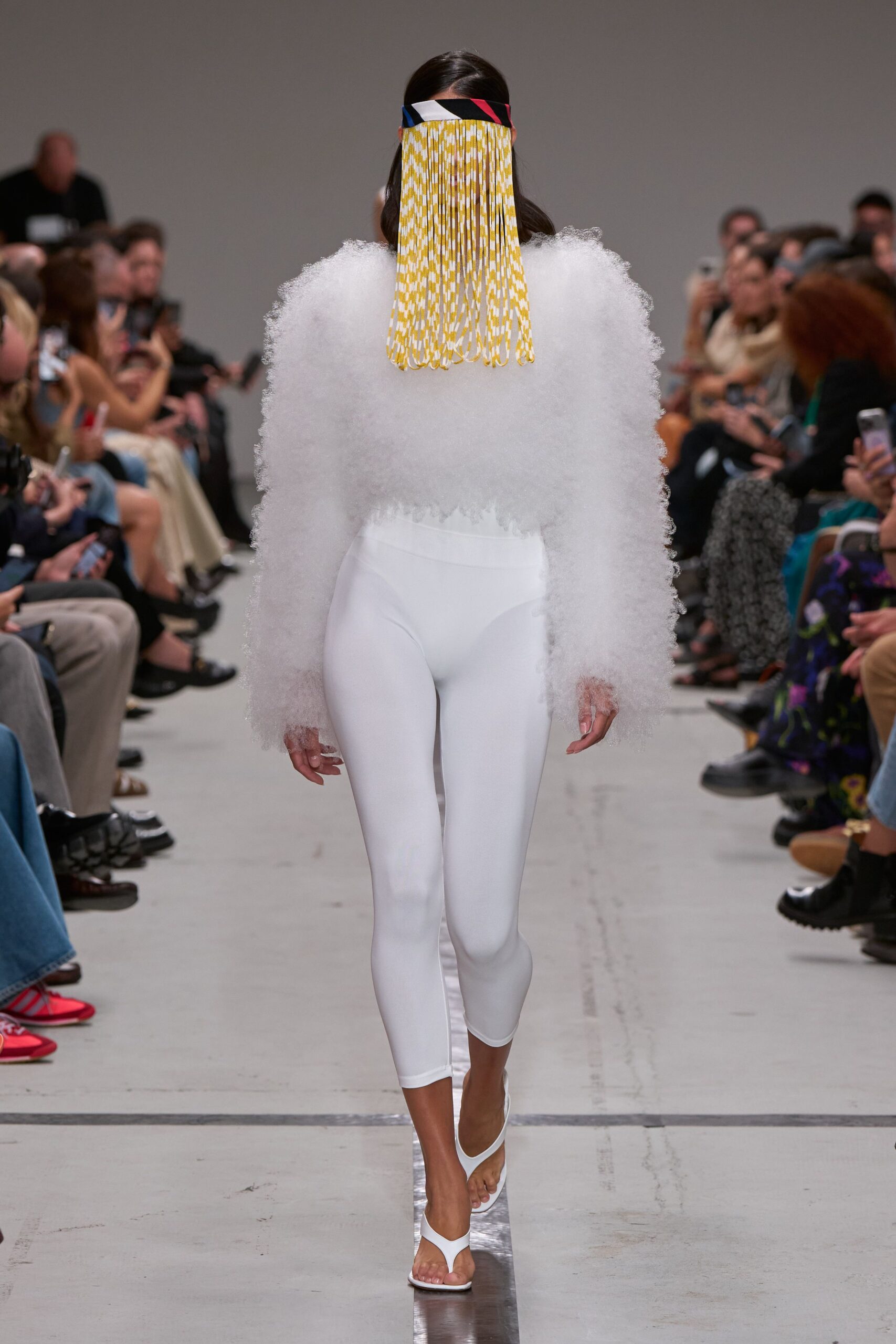 white fur long-sleeve fitted ruffled top
