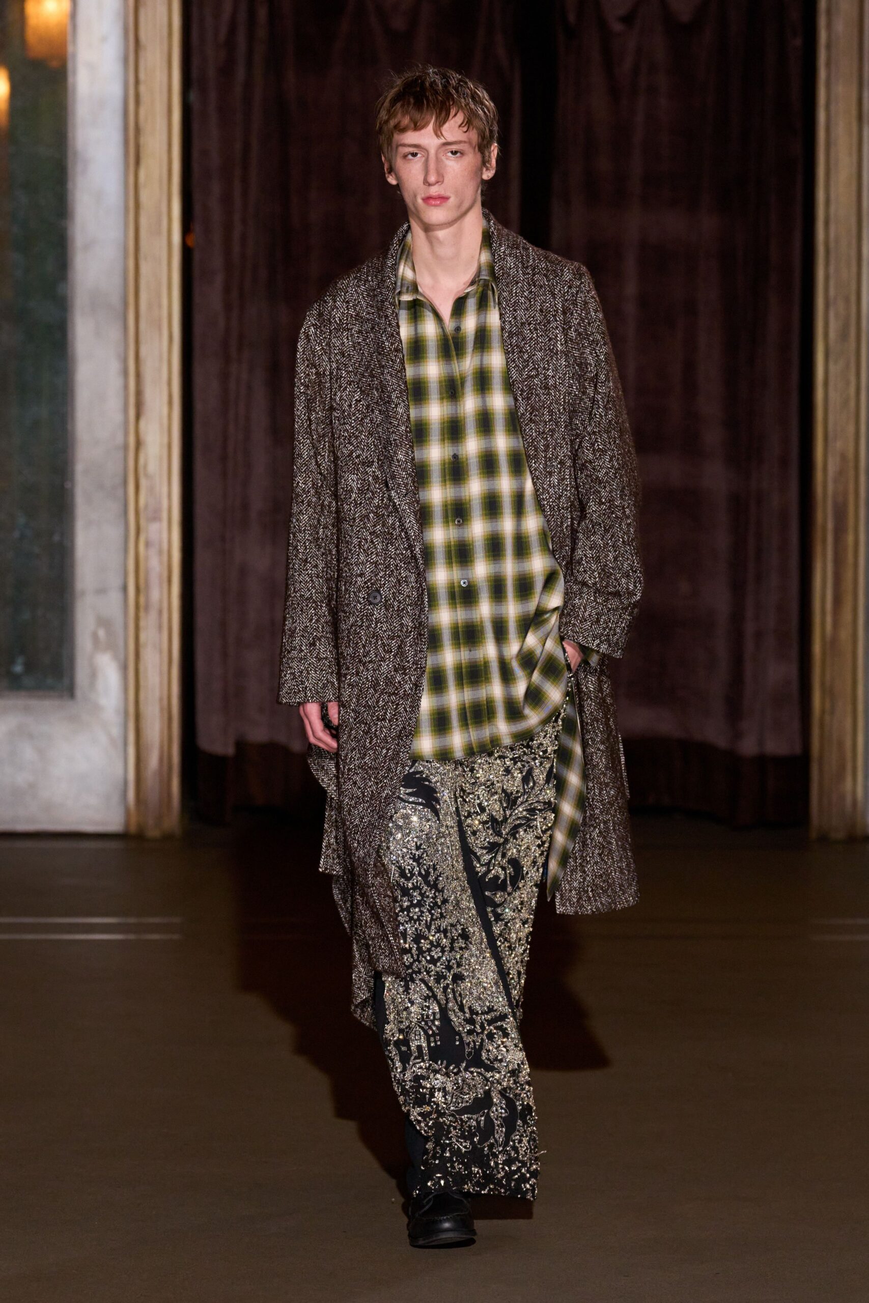 brown wool coat with green shirt