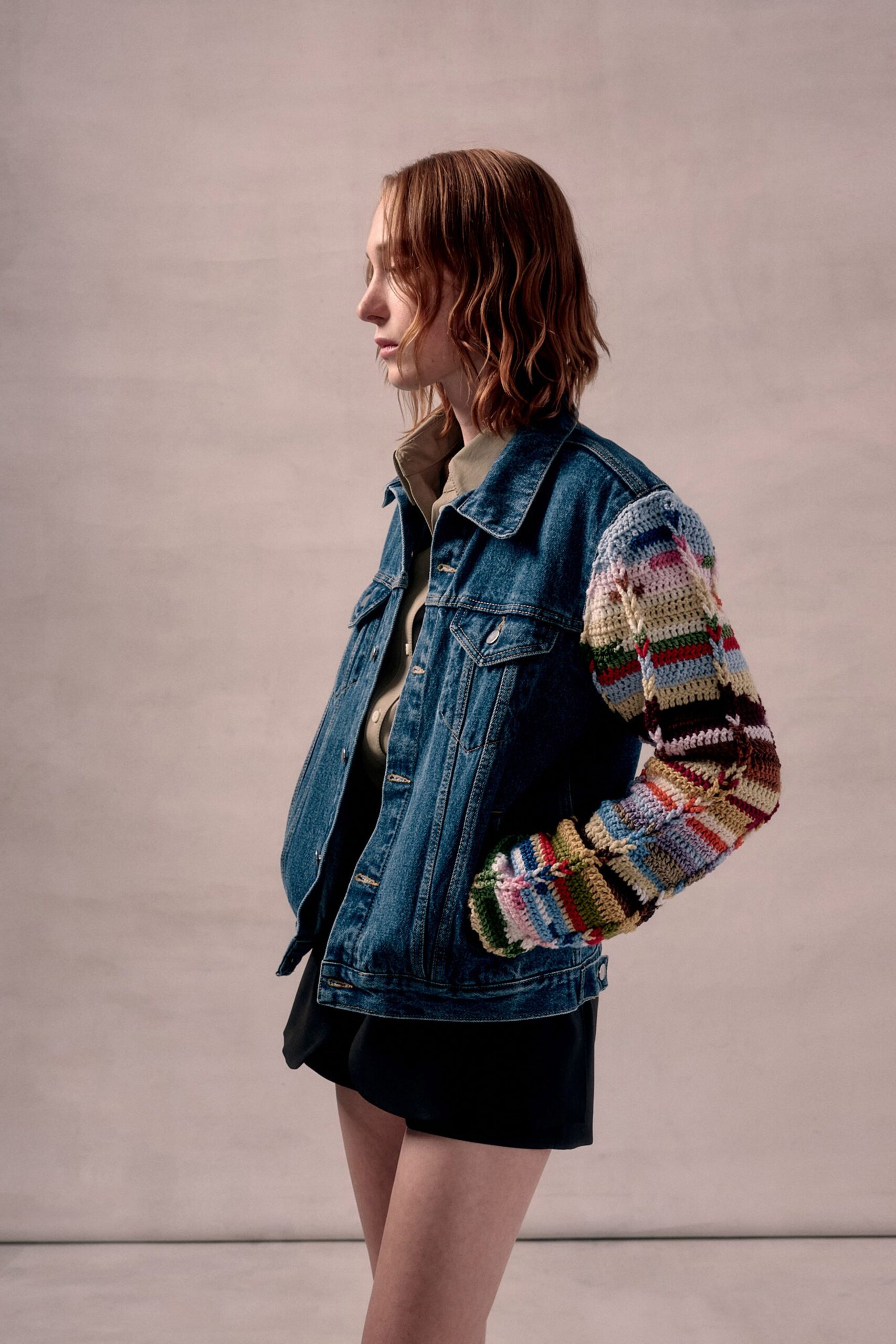 blue denim long-sleeve collared fitted patchwork jacket