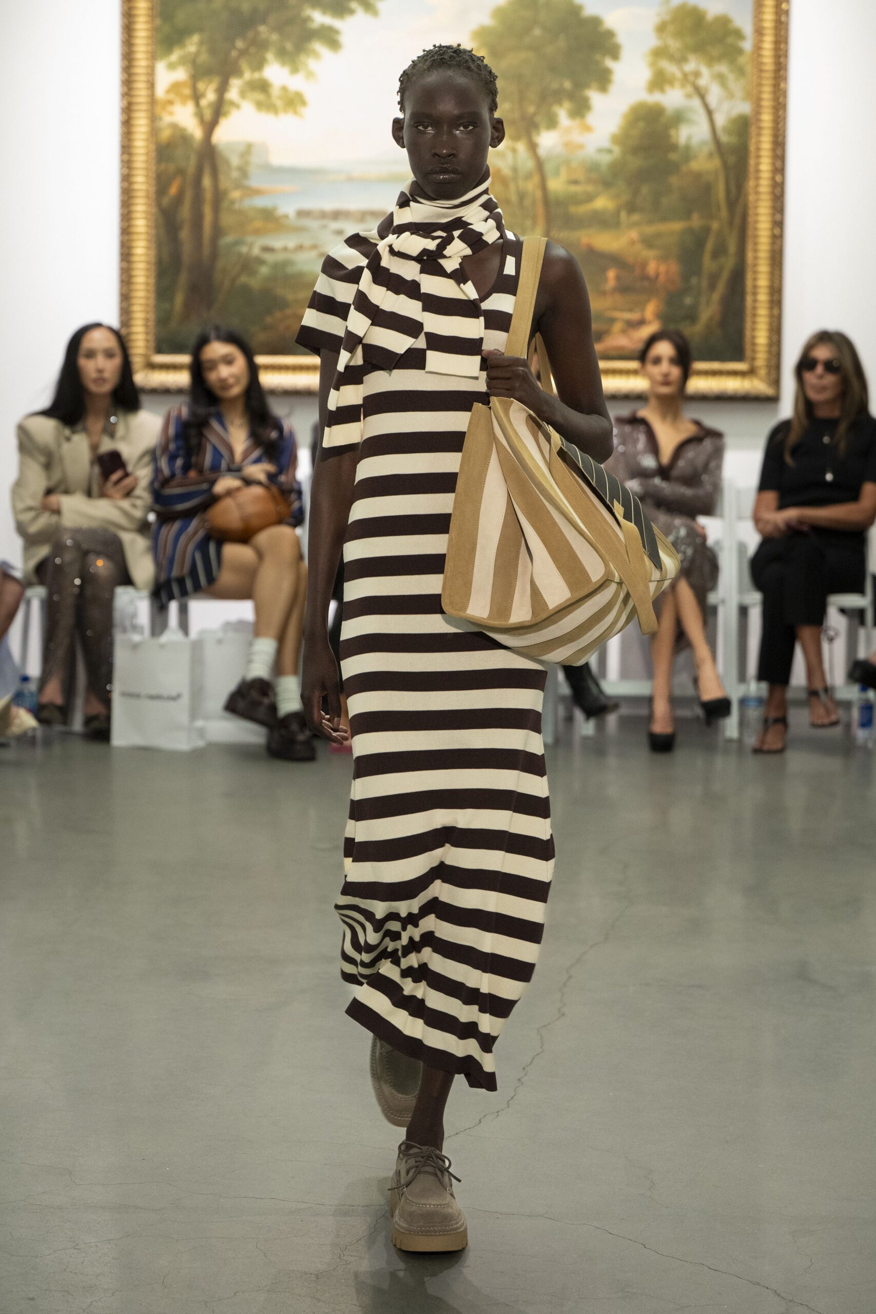 brown cotton sleeveless v-neck fitted striped draped dress
