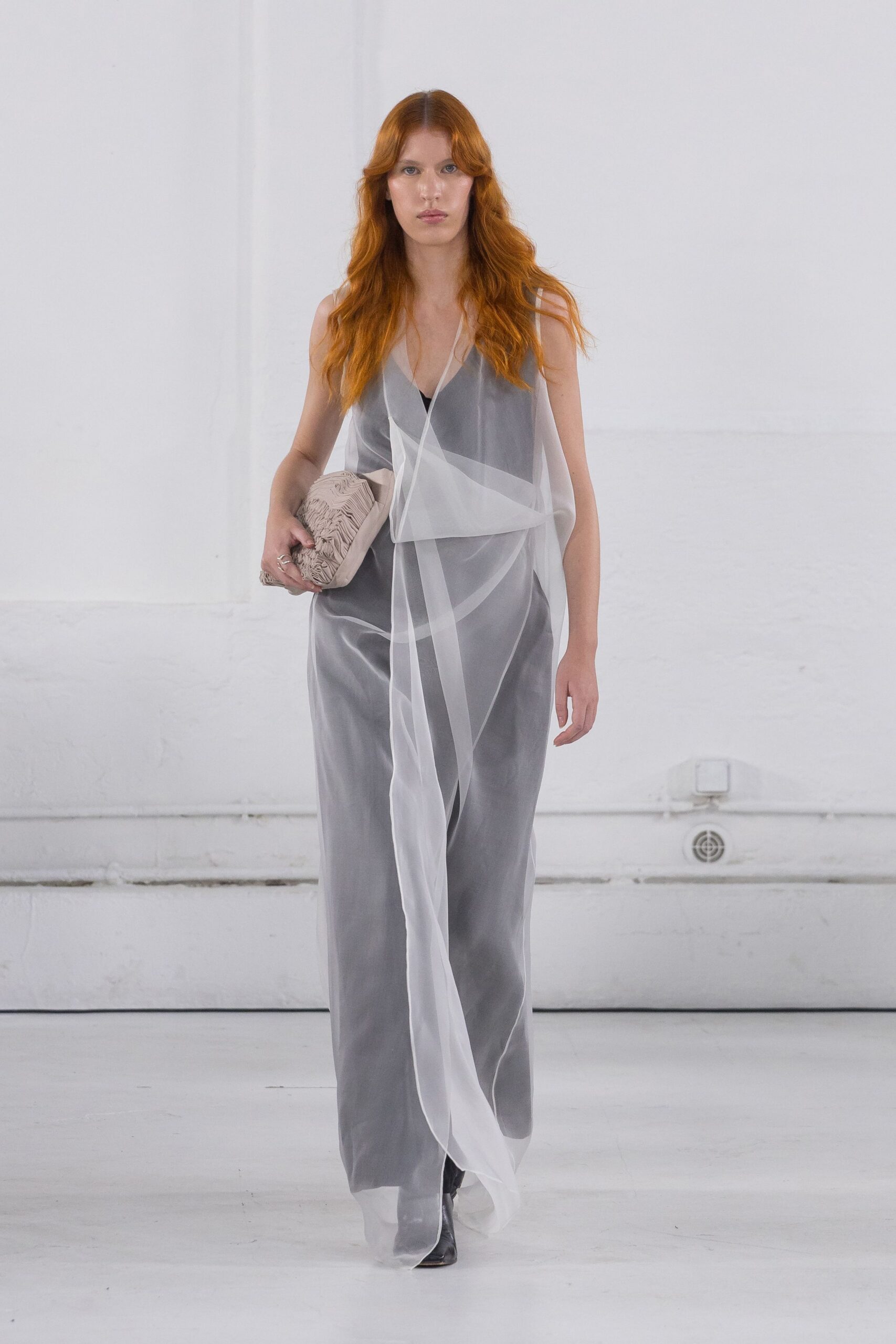 gray silk sleeveless v-neck fitted draped flowing jumpsuit