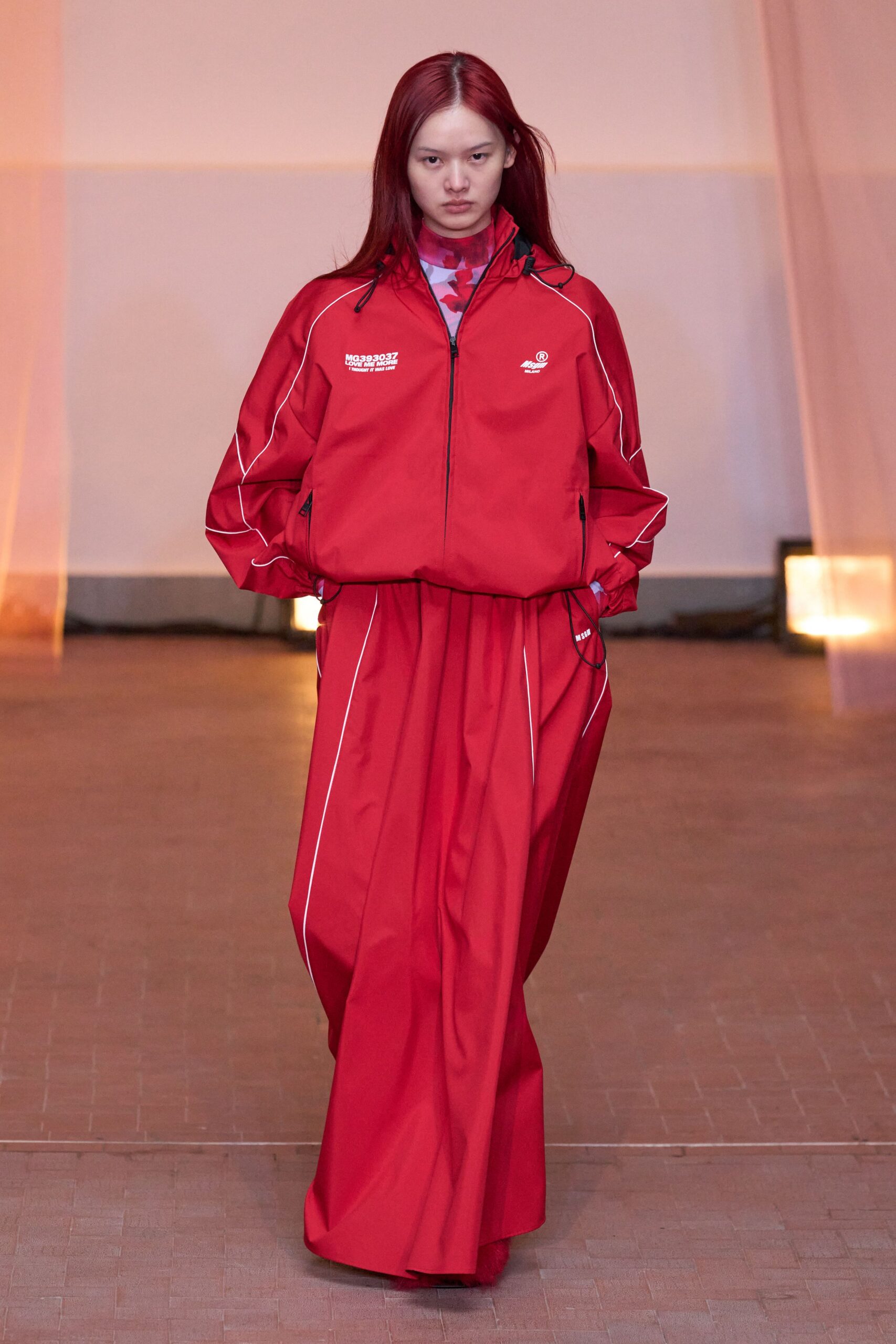 red cotton long-sleeve collared relaxed zippered jacket