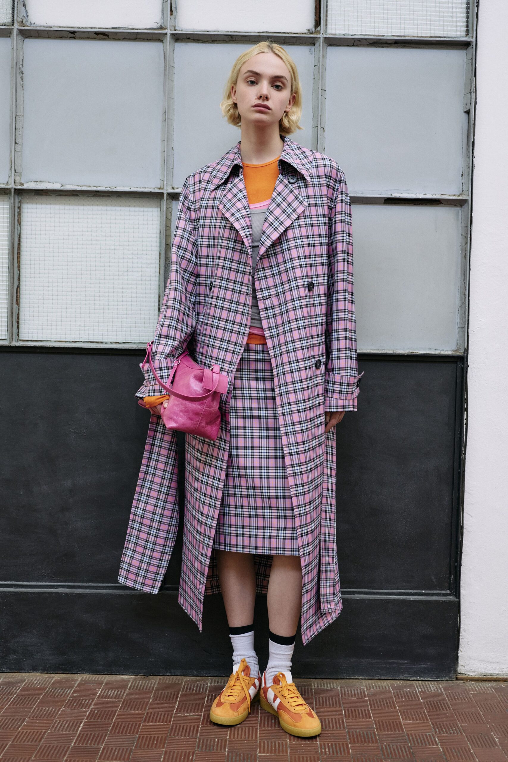 pink fitted checked midi skirt