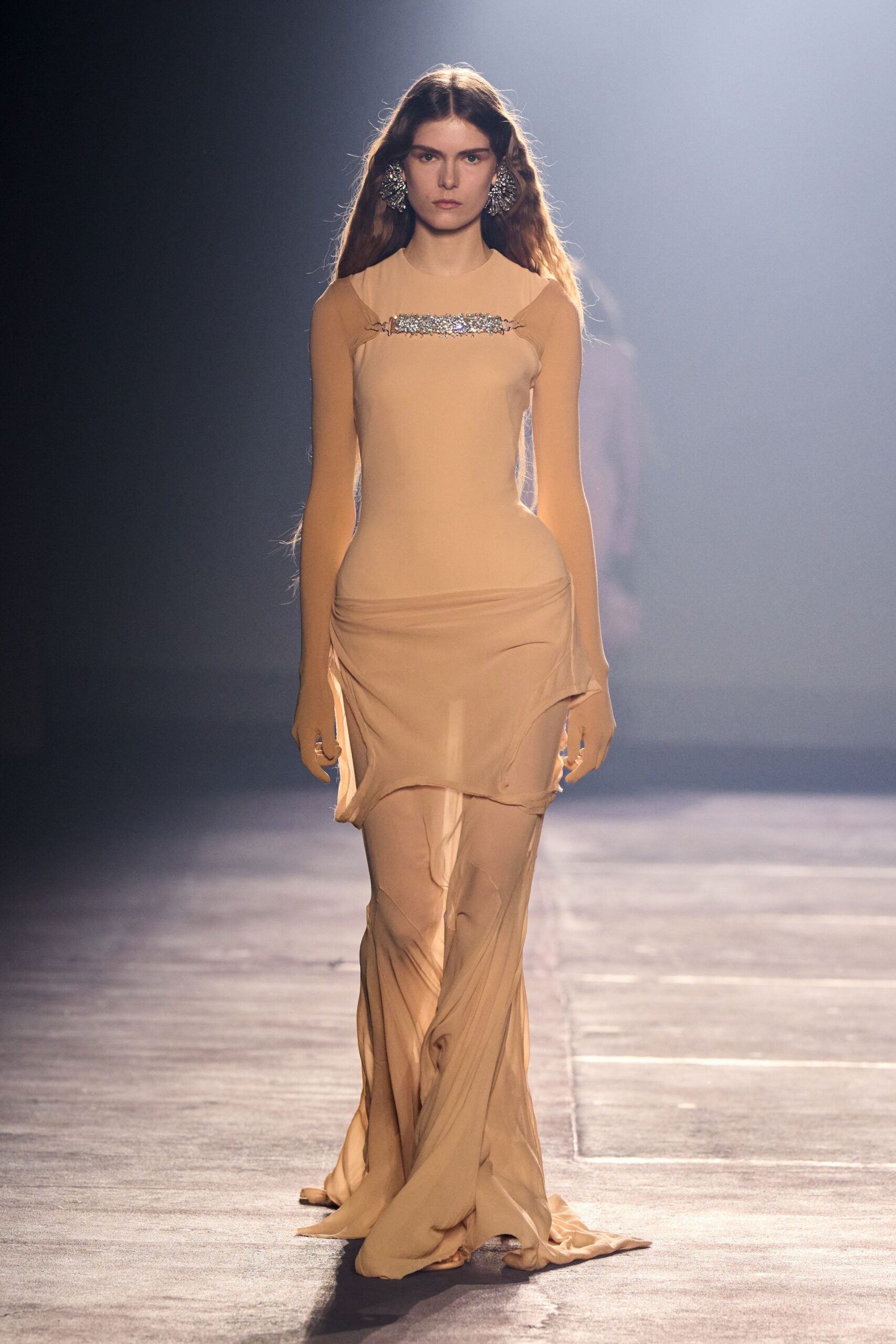 beige silk fitted gown