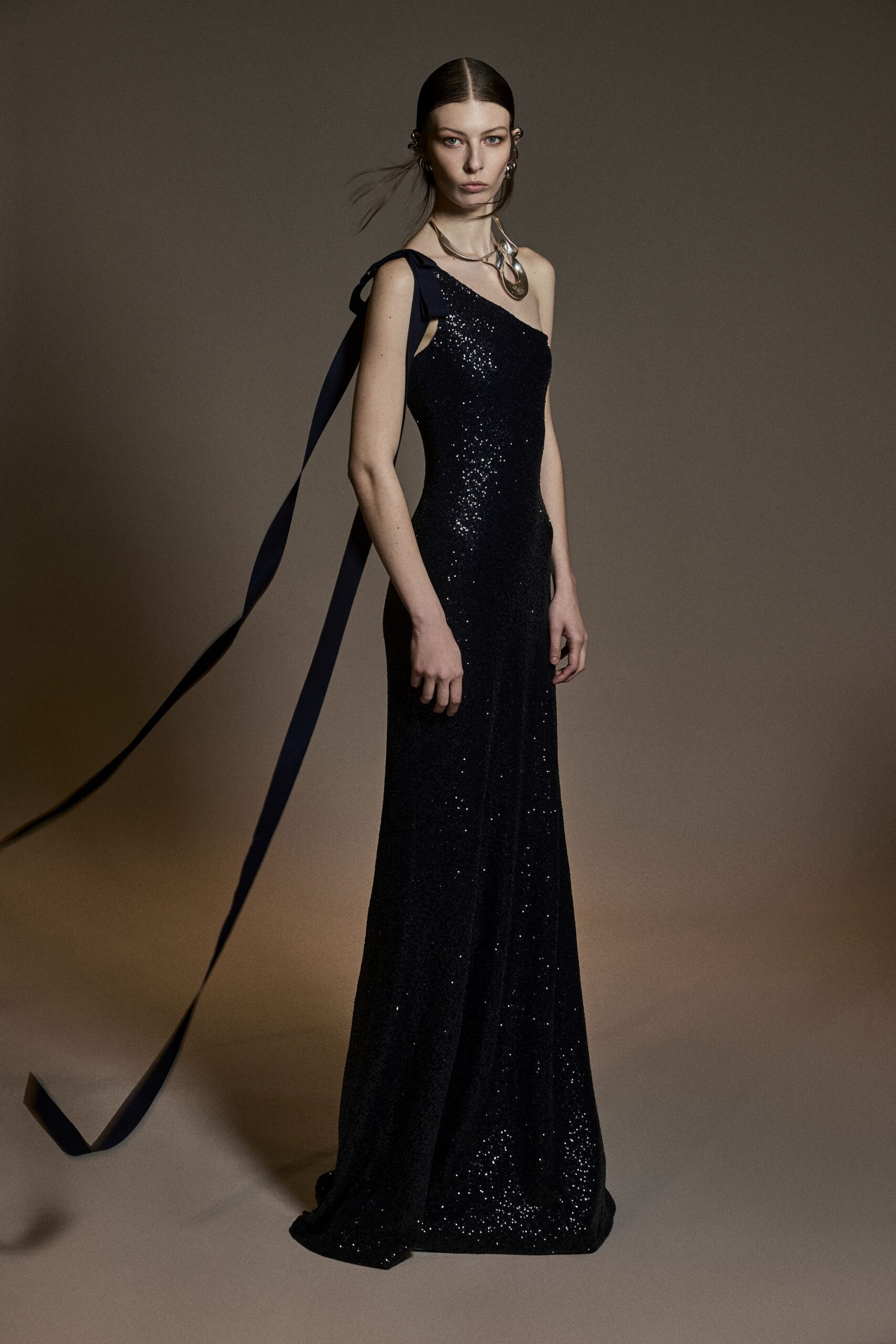 black sequin off-shoulder gown