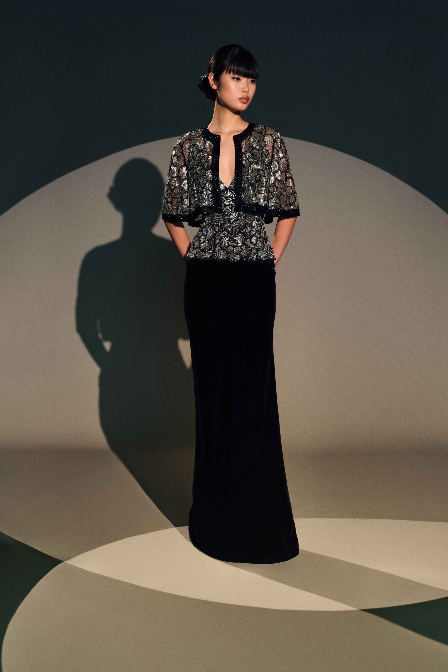 black velvet embroidered gown