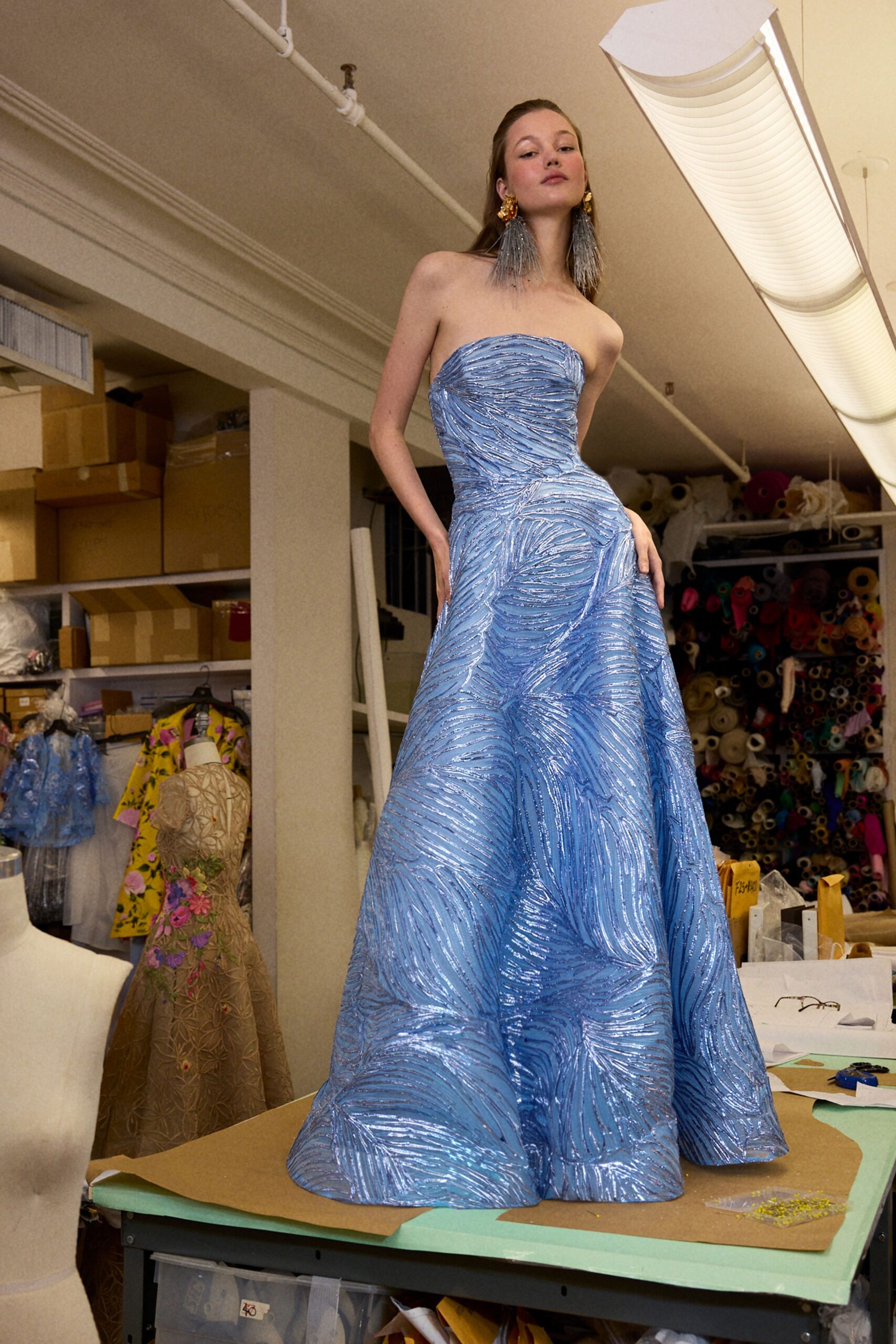 blue silk strapless gown