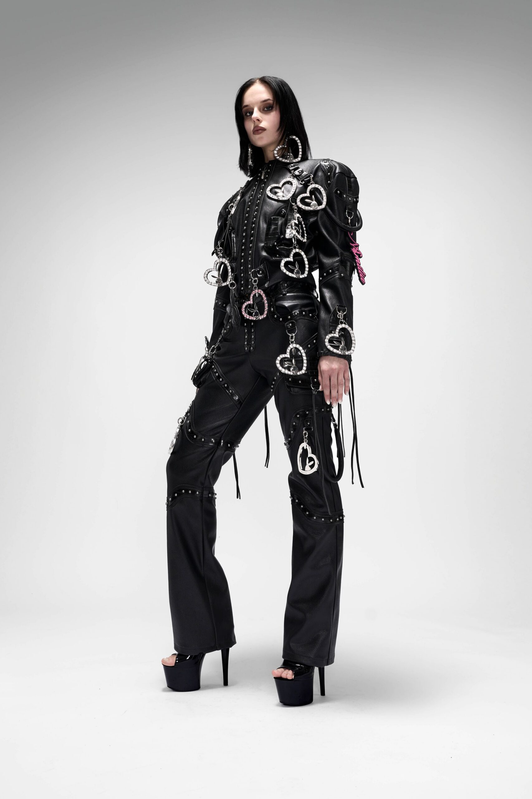 black leather fitted jacket and pants