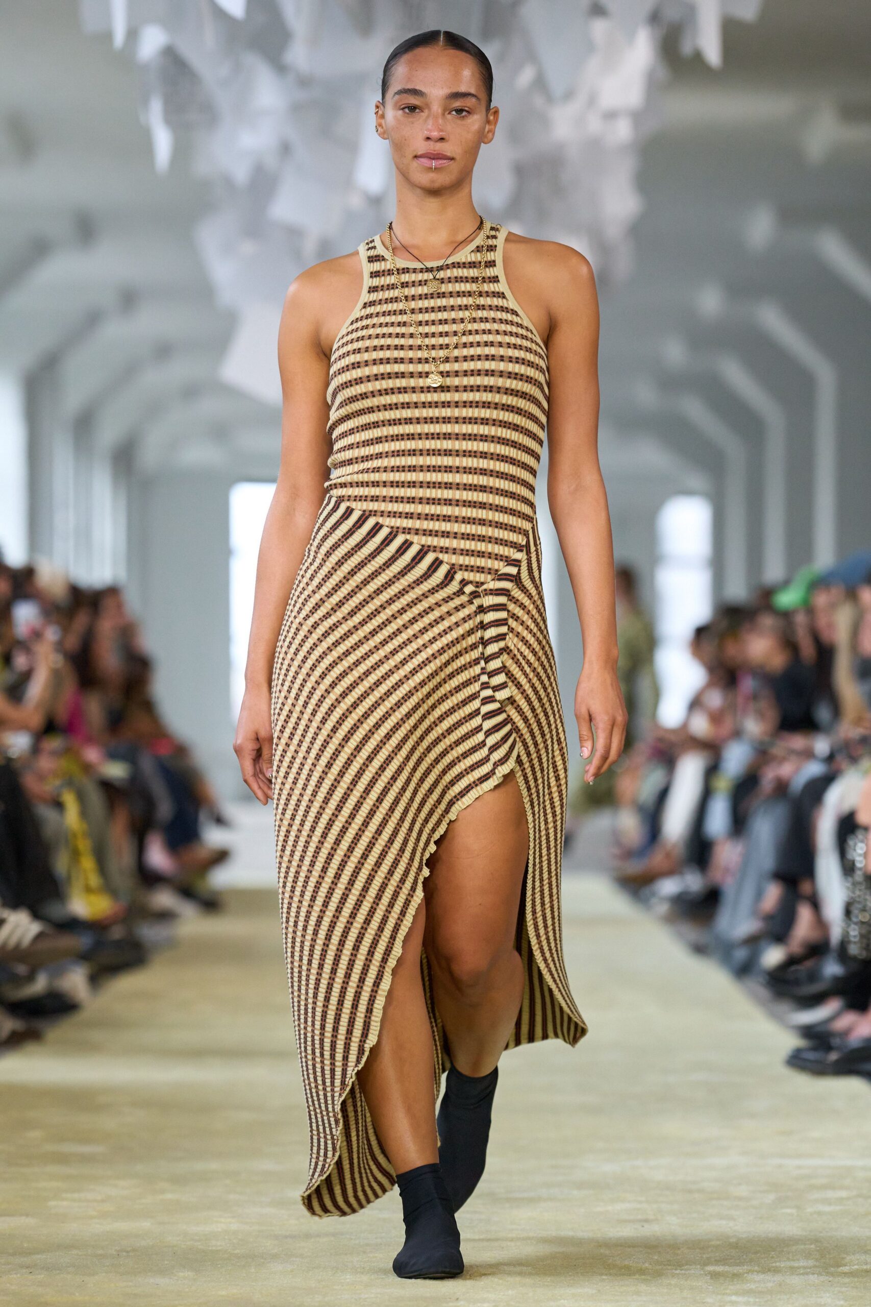 striped brown beige midi dress