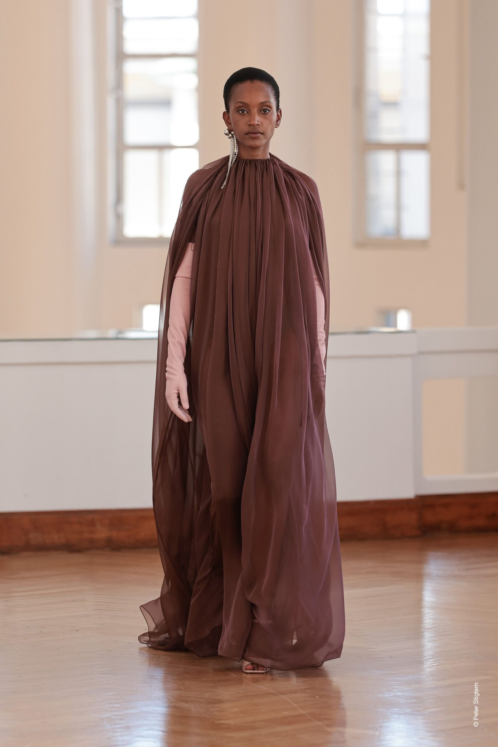 brown chiffon sleeveless high-neck relaxed draped flowing gown