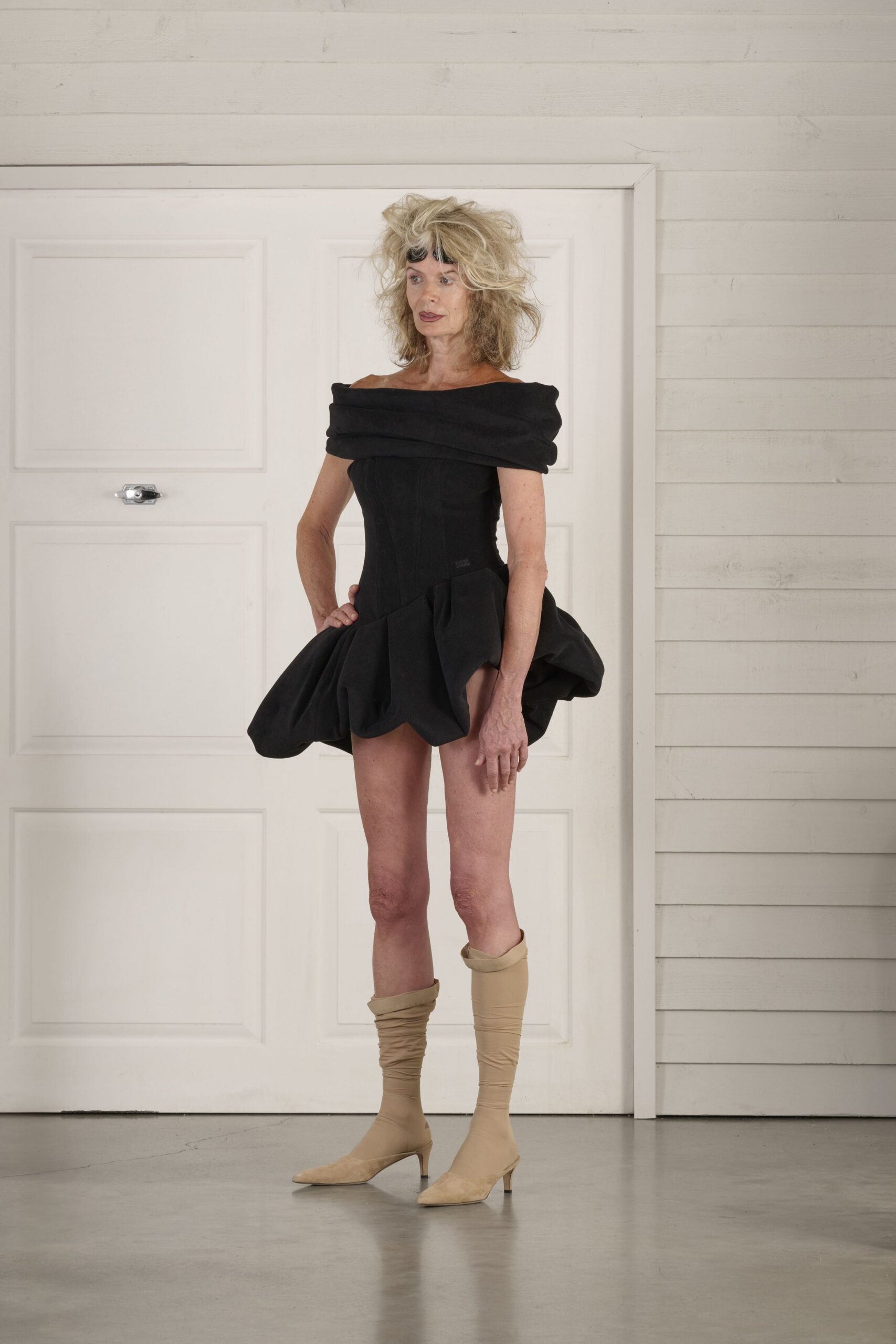 black cotton off-shoulder fitted pleated mini dress